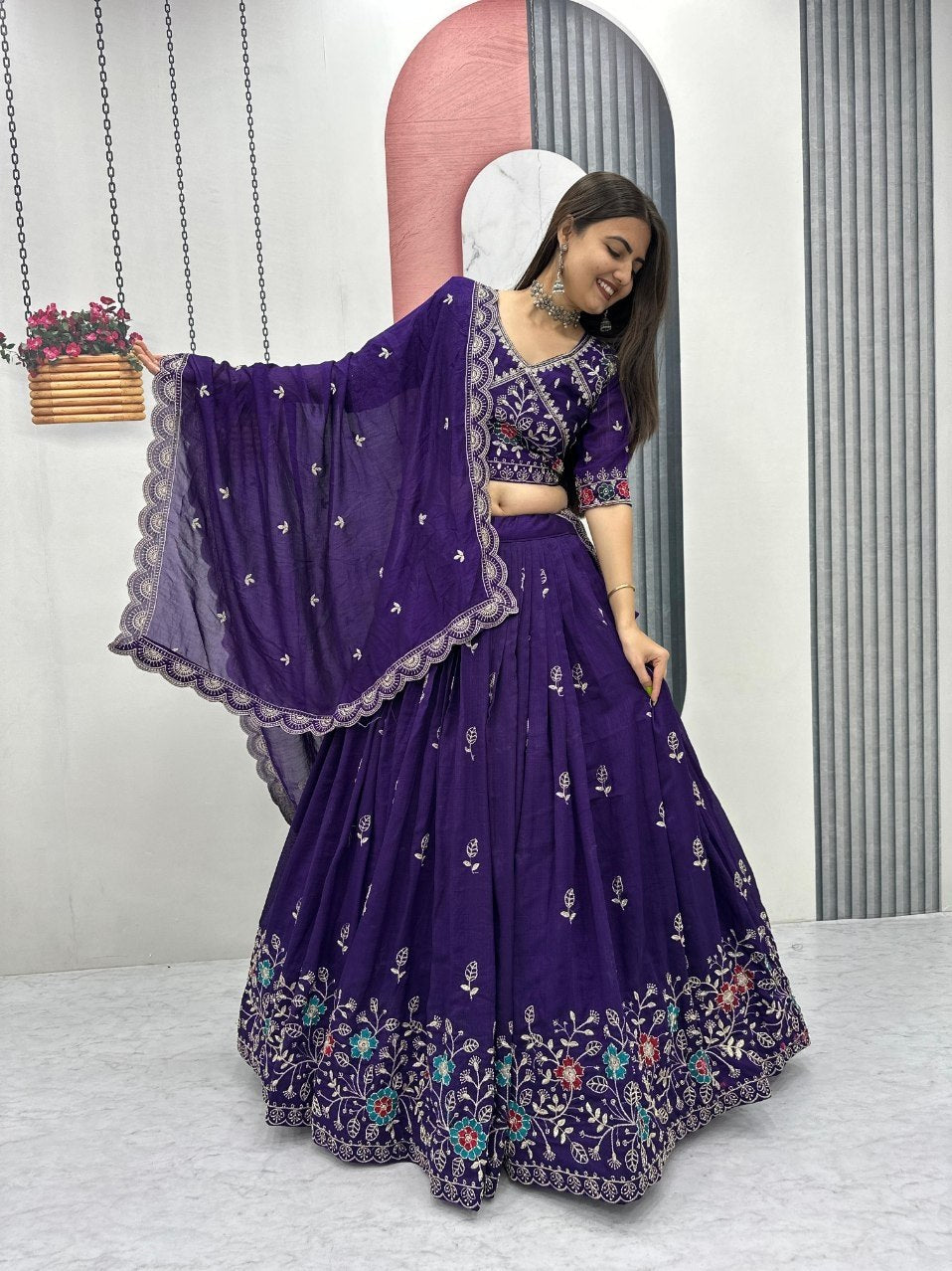Dviti deep purple vichitra silk embroidery work lehenga choli set
