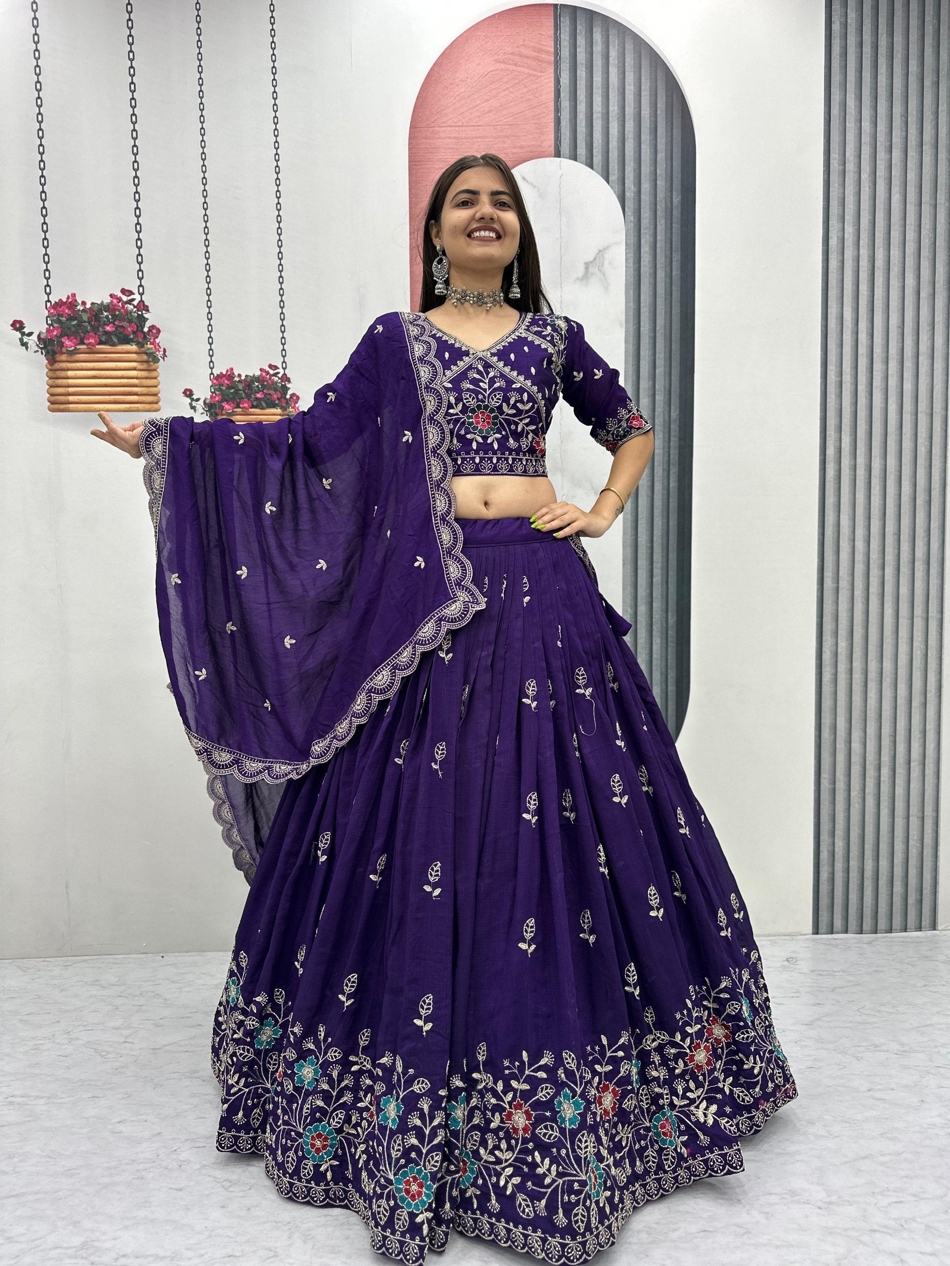Dviti deep purple vichitra silk embroidery work lehenga choli set