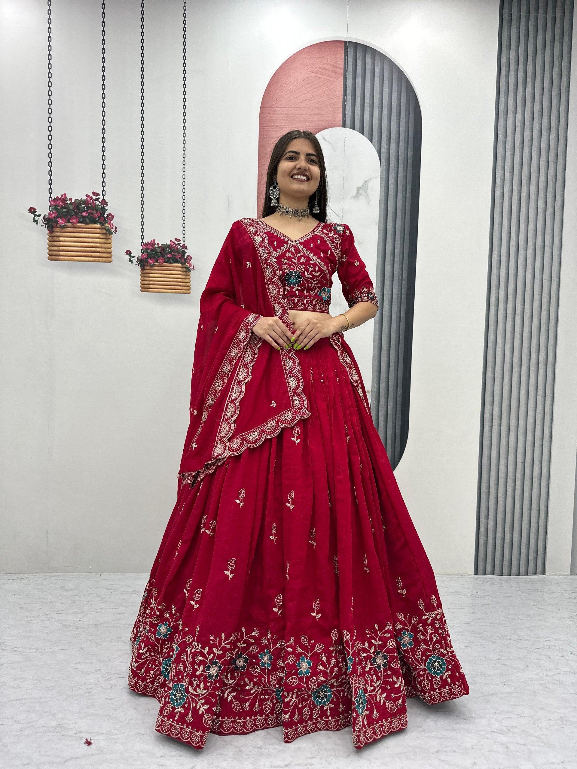 Dviti red vichitra silk embroidery work lehenga choli set