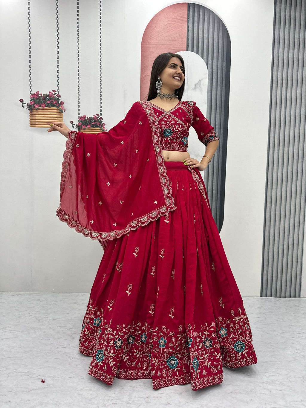 Dviti red vichitra silk embroidery work lehenga choli set