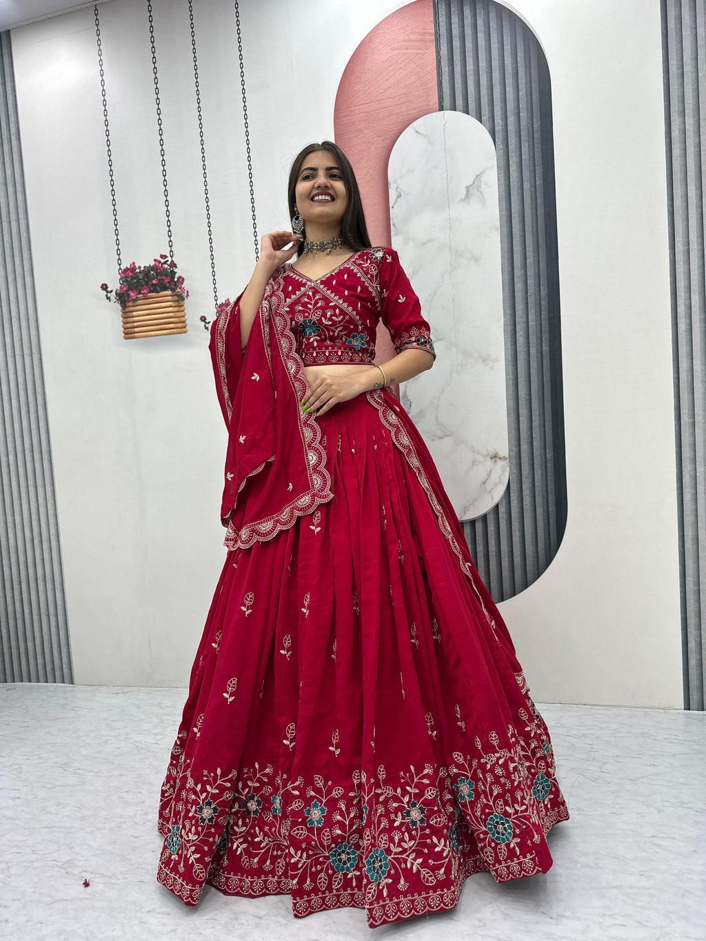 Dviti red vichitra silk embroidery work lehenga choli set