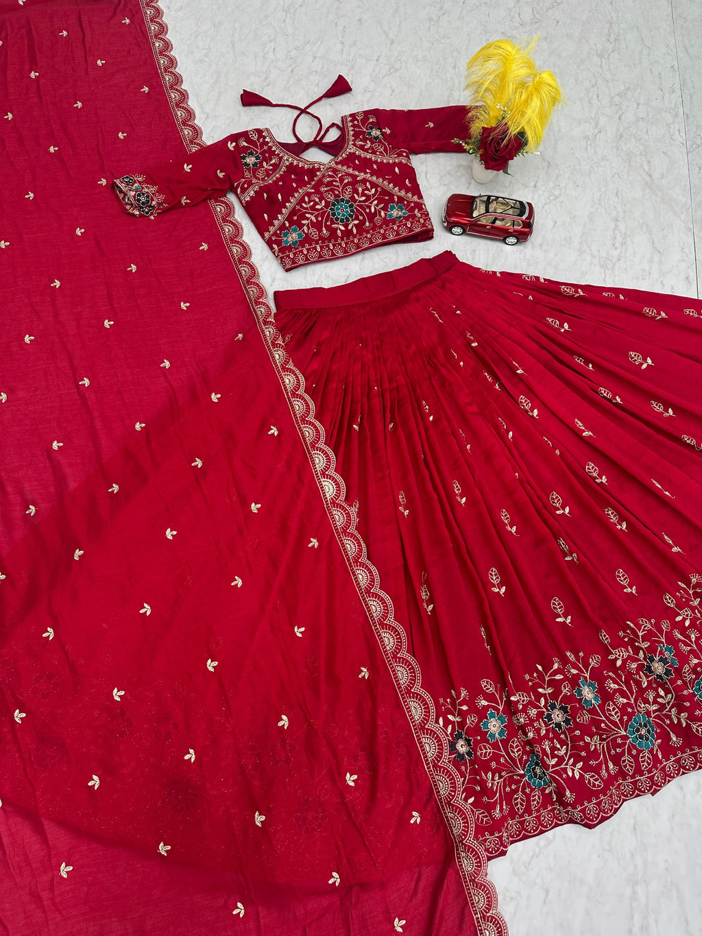 Dviti red vichitra silk embroidery work lehenga choli set