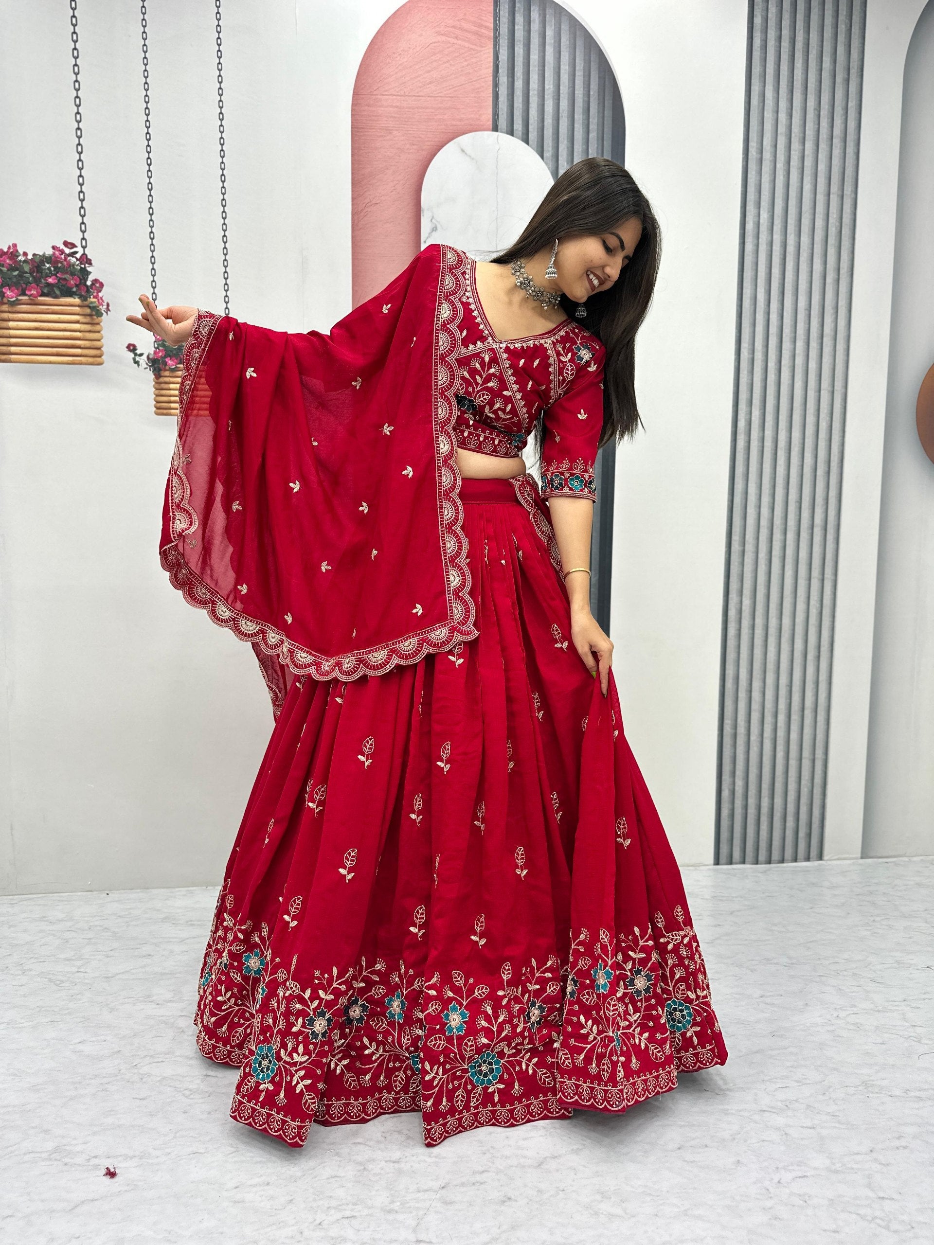 Dviti red vichitra silk embroidery work lehenga choli set