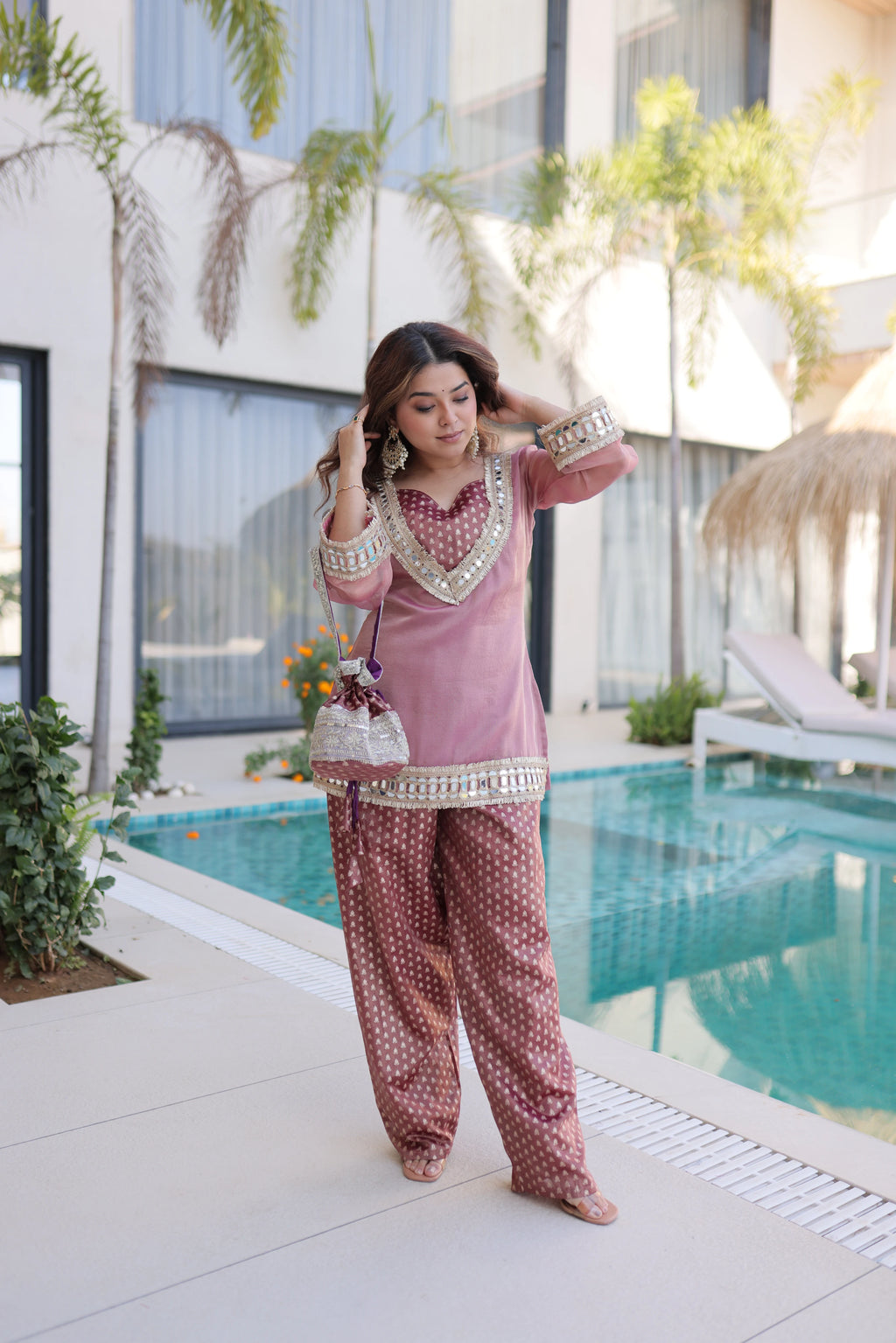 Elvani mauve pink Salasa silk co-ord kurta set with mirror work