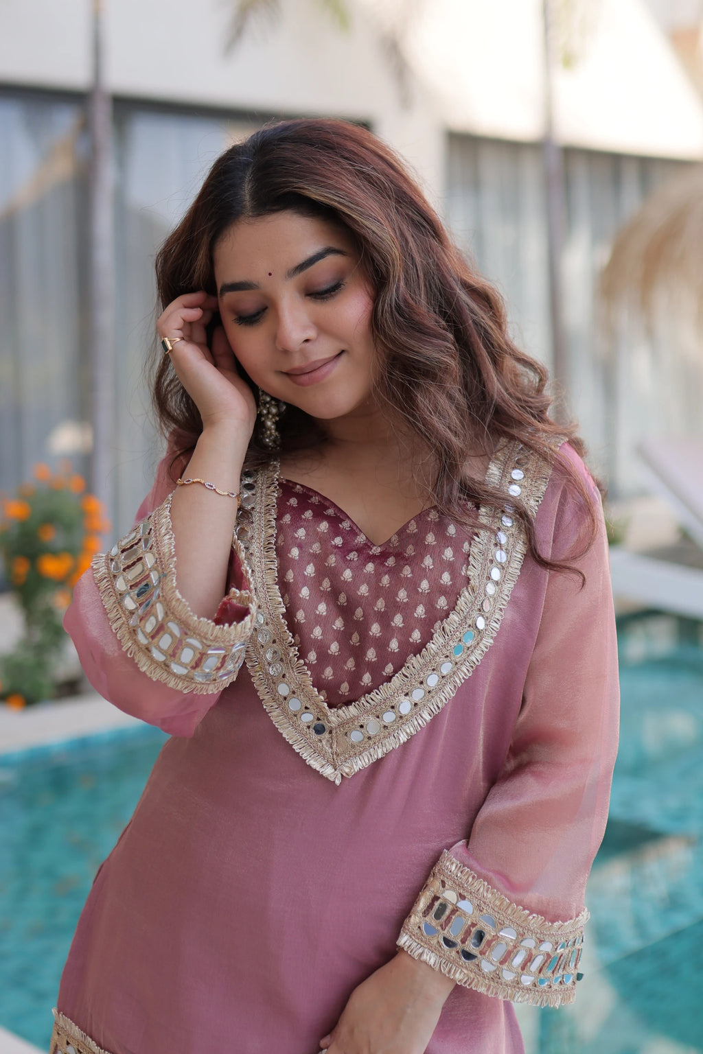 Elvani mauve pink Salasa silk co-ord kurta set with mirror work