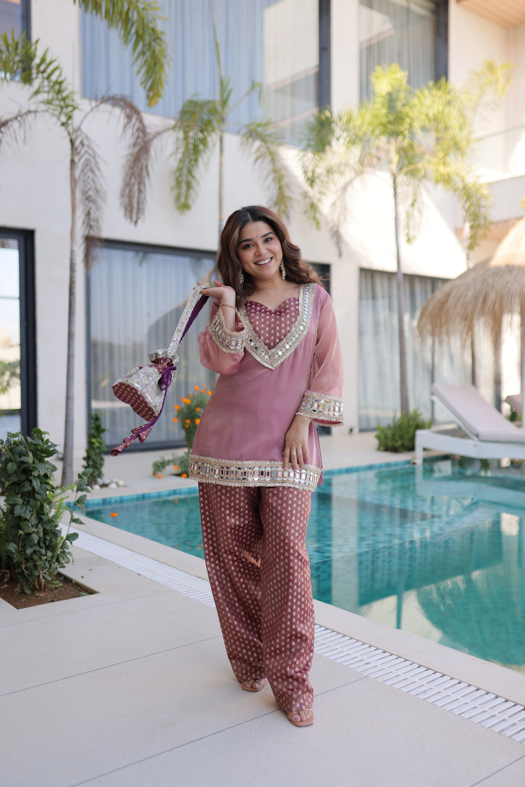 Elvani mauve pink Salasa silk co-ord kurta set with mirror work