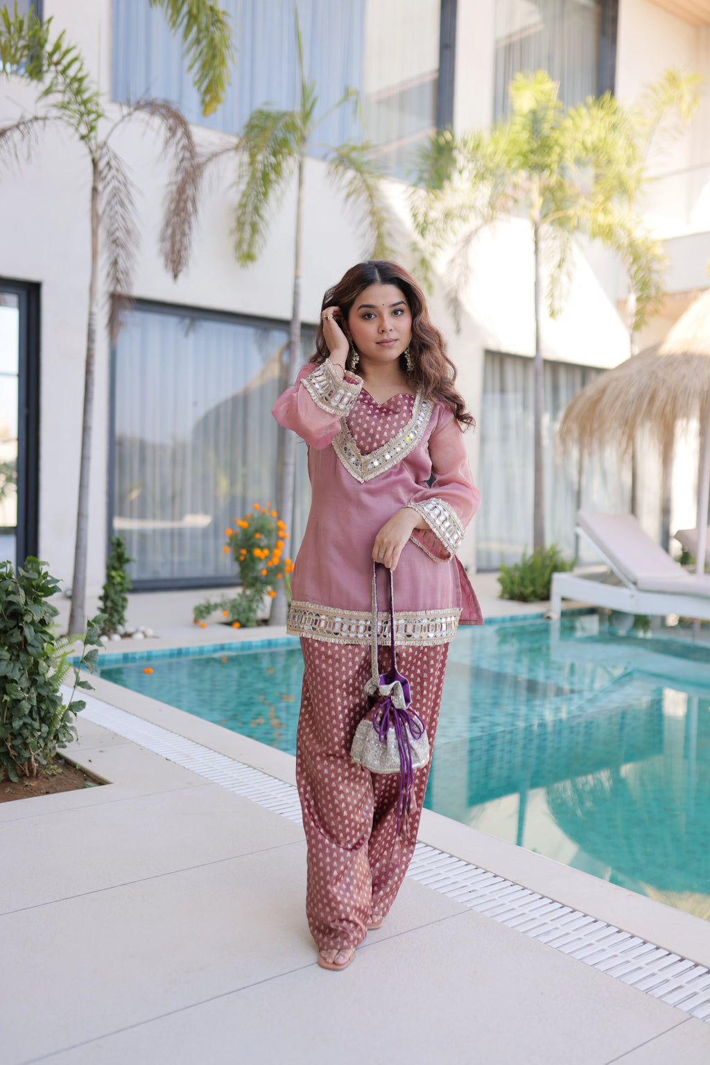 Elvani mauve pink Salasa silk co-ord kurta set with mirror work