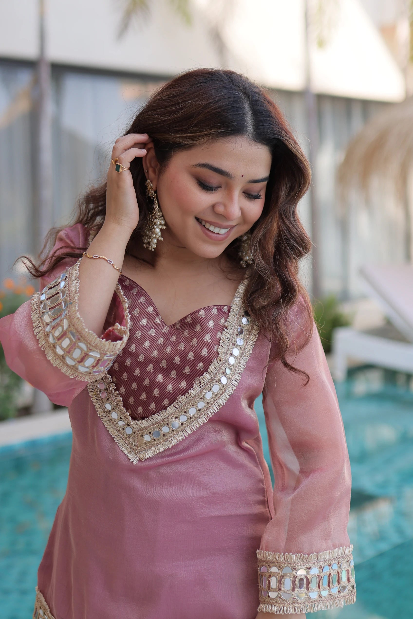Elvani mauve pink Salasa silk co-ord kurta set with mirror work