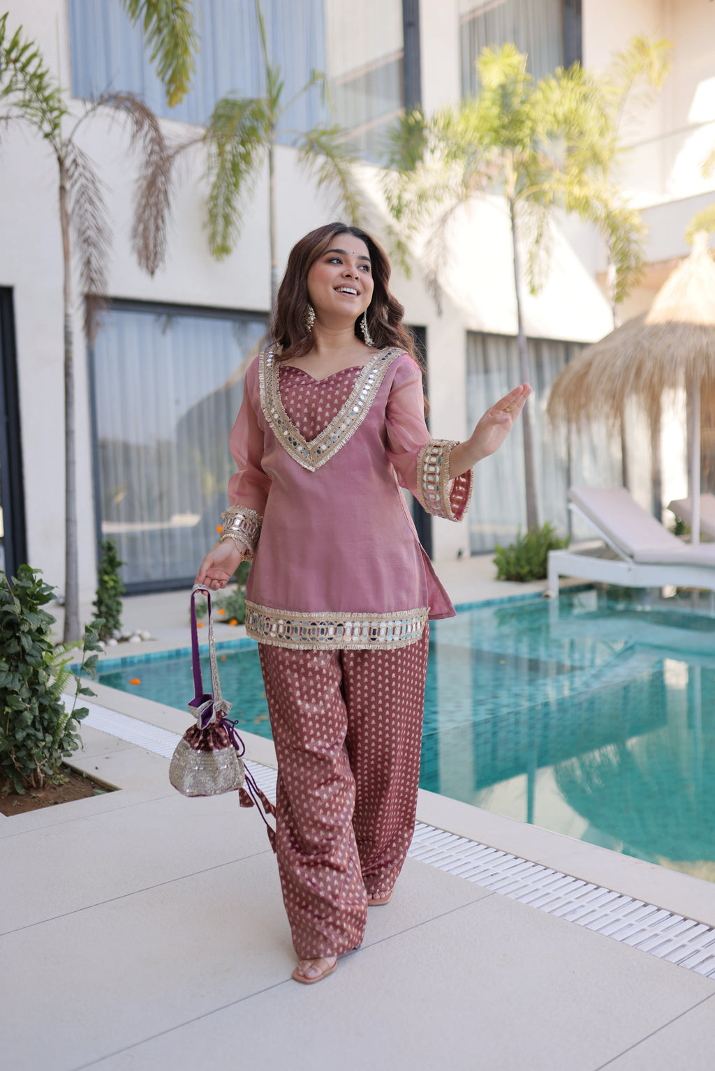 Elvani mauve pink Salasa silk co-ord kurta set with mirror work