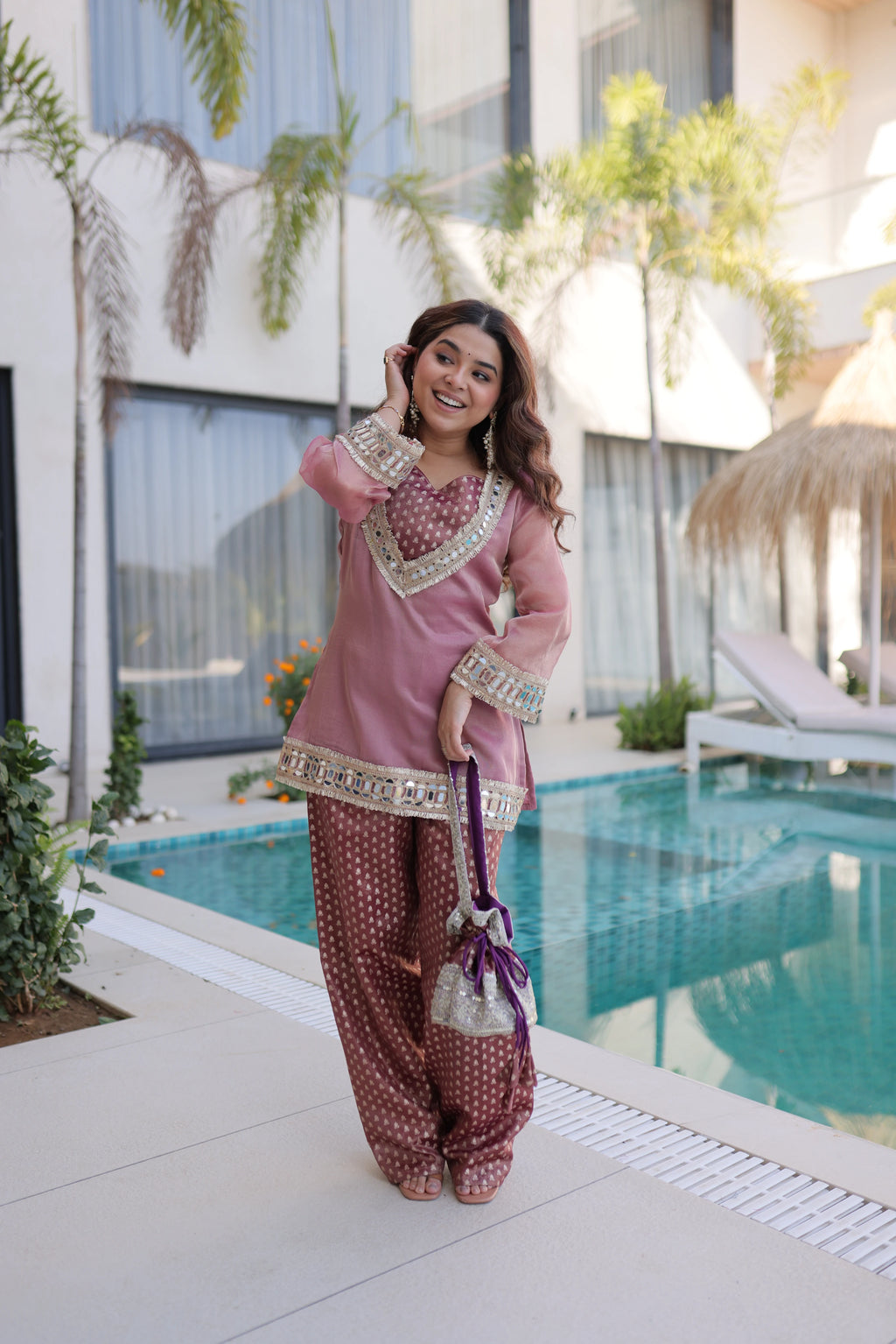 Elvani mauve pink Salasa silk co-ord kurta set with mirror work