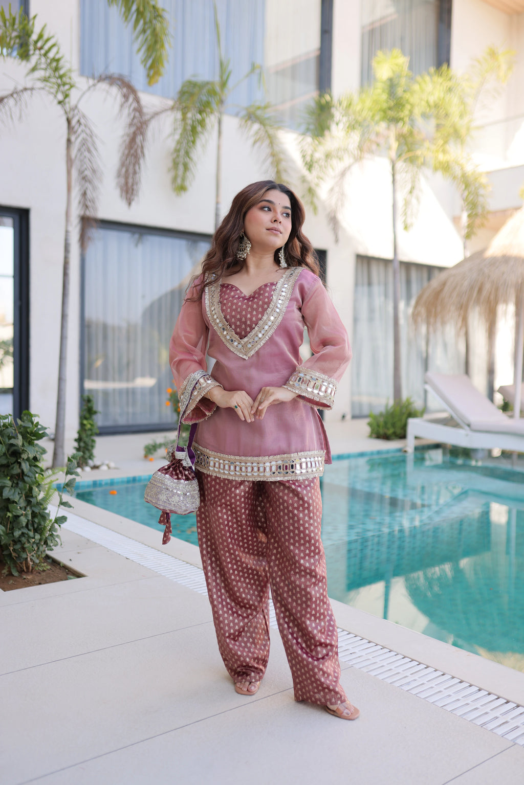 Elvani mauve pink Salasa silk co-ord kurta set with mirror work