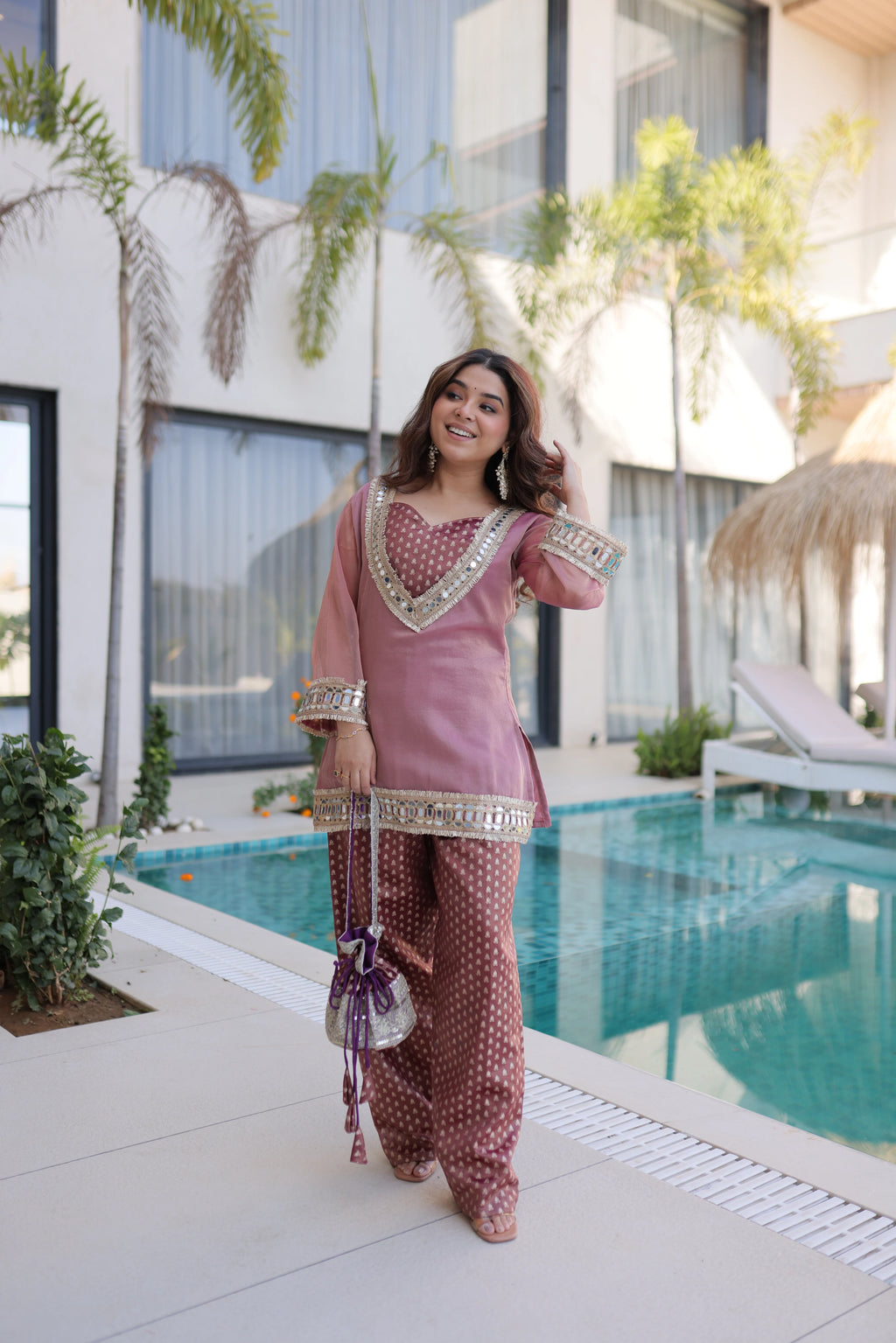 Elvani Mauve Pink Color Salasa Silk Mirror Work Co-ord Kurta Set