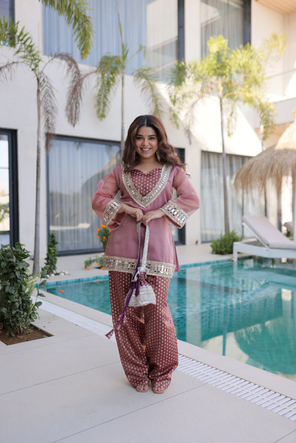Elvani mauve pink Salasa silk co-ord kurta set with mirror work