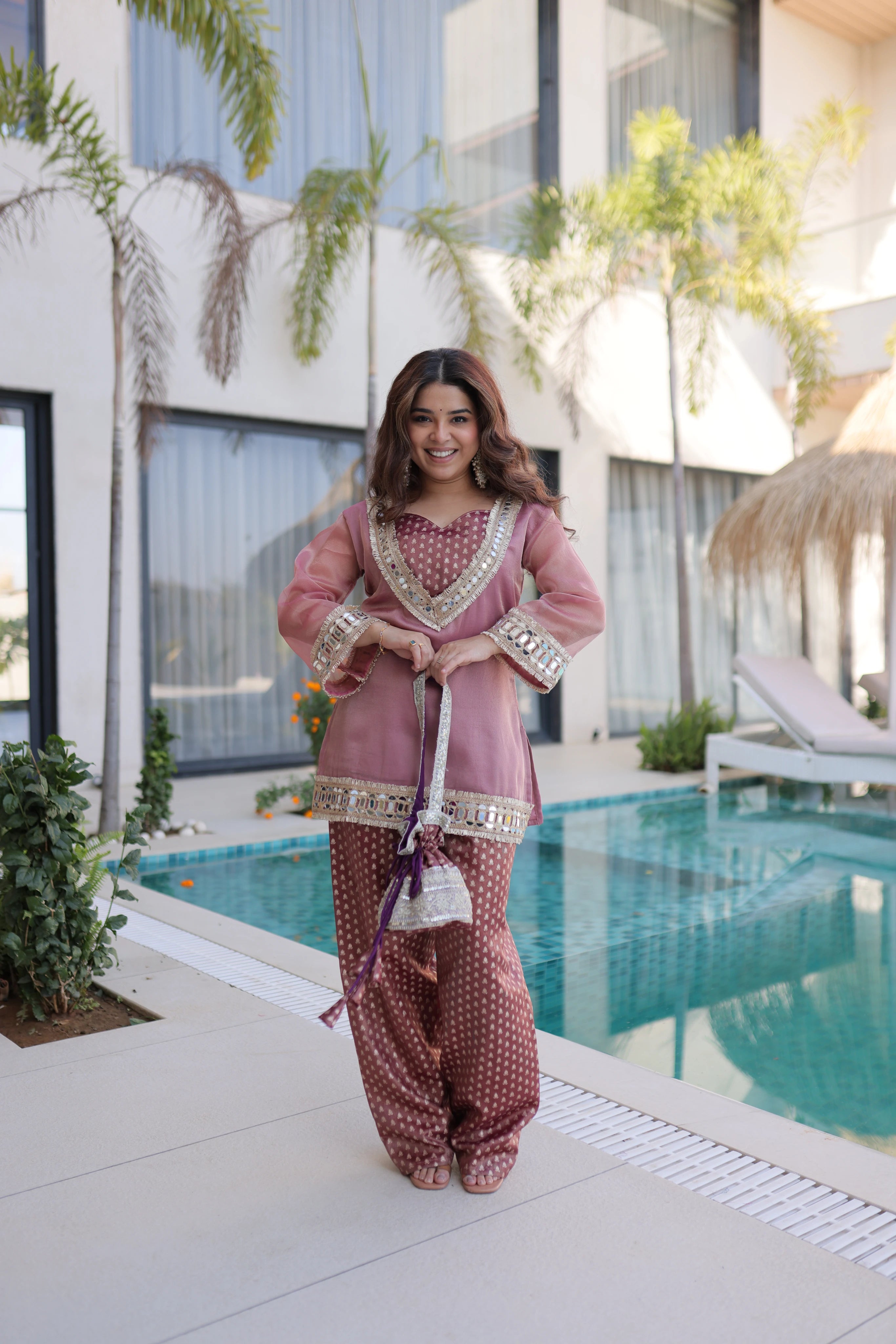 Elvani mauve pink Salasa silk co-ord kurta set with mirror work