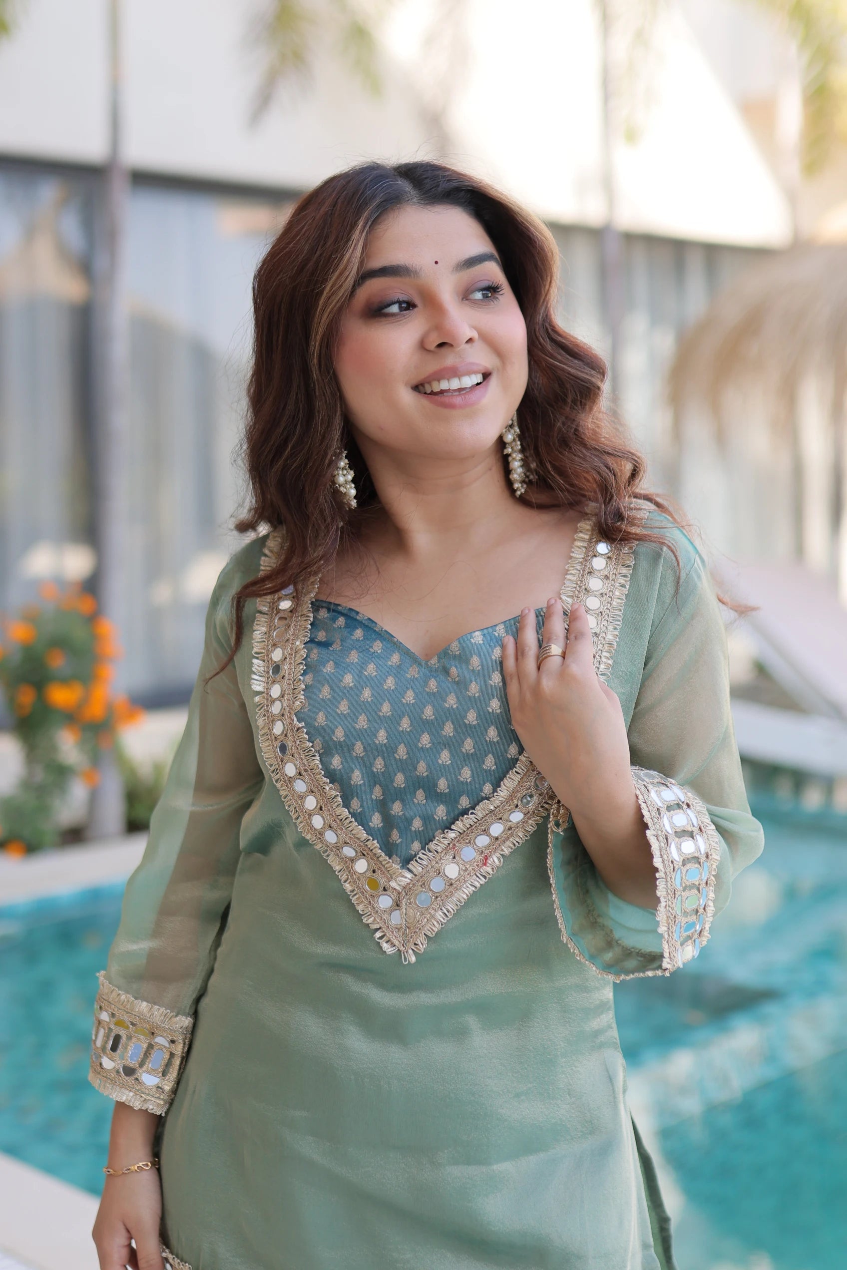 Elvani sky blue Salasa silk co-ord kurta set with mirror work