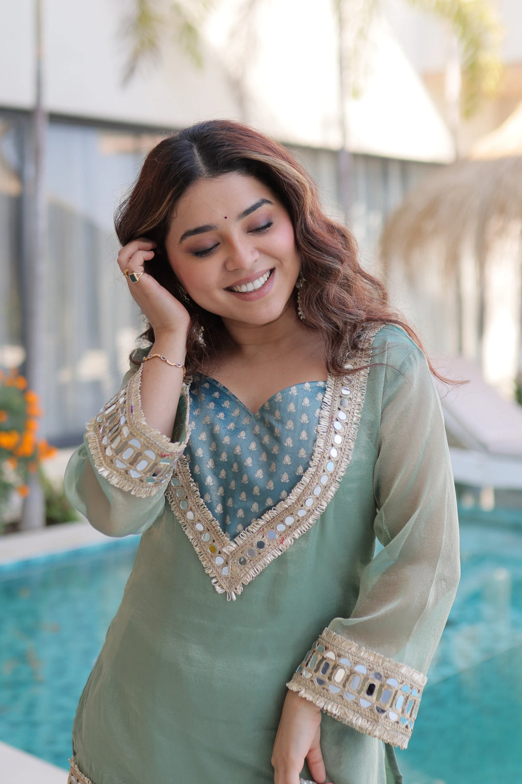Elvani sky blue Salasa silk co-ord kurta set with mirror work