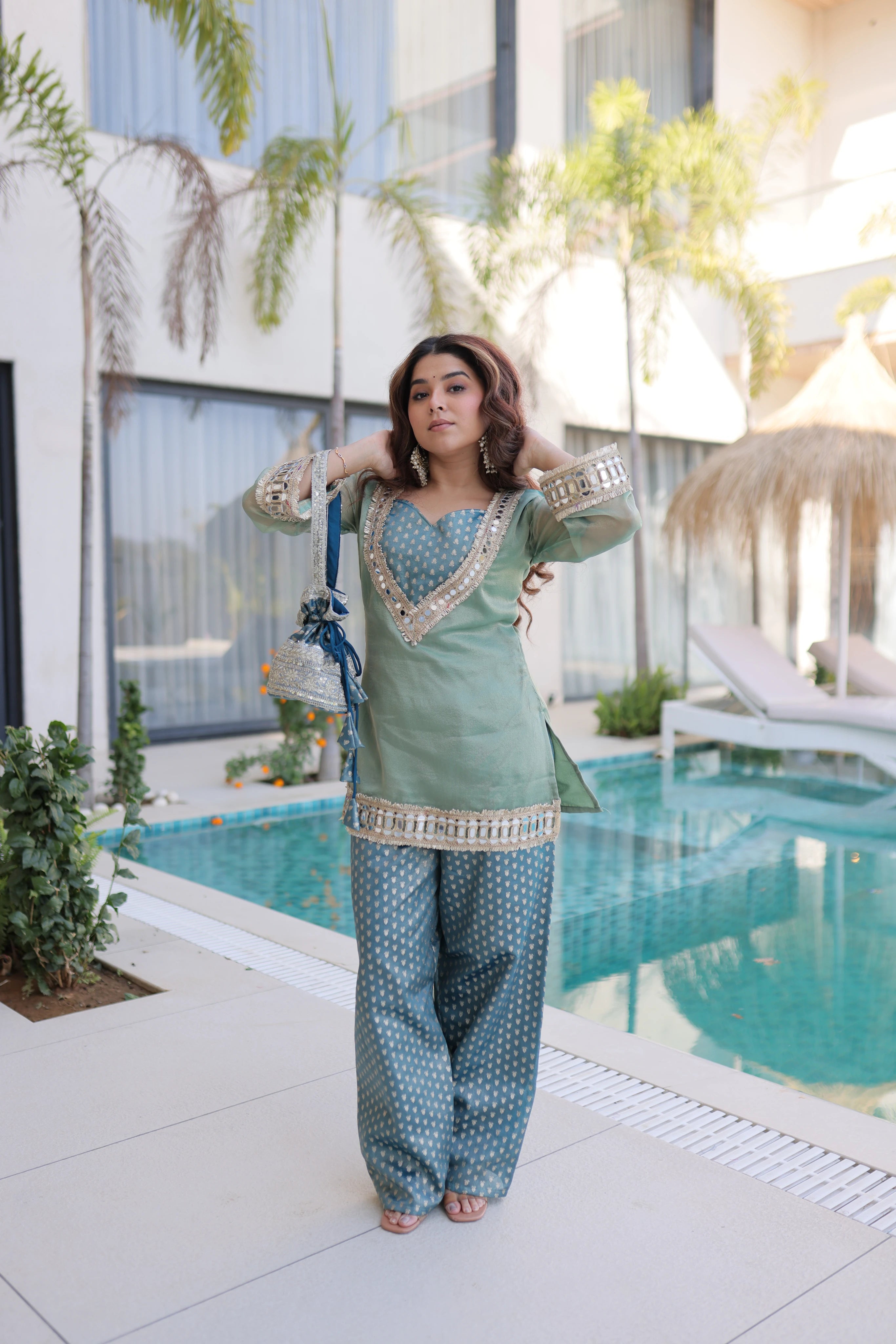 Elvani sky blue Salasa silk co-ord kurta set with mirror work