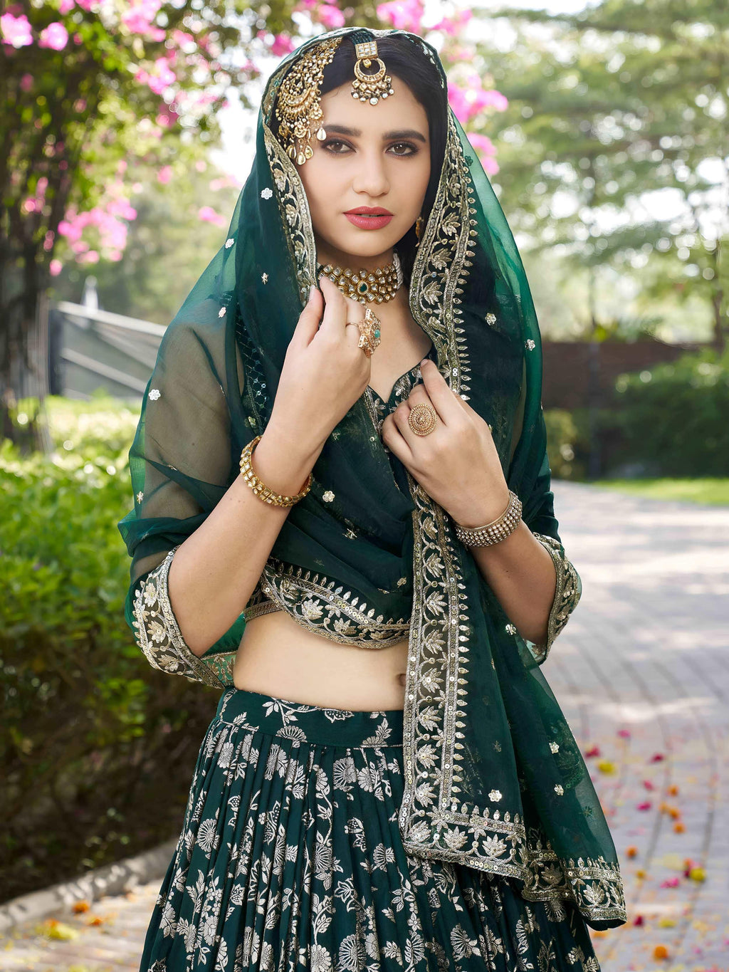 Emerald green Dola silk jacquard embroidered lehenga choli with dupatta