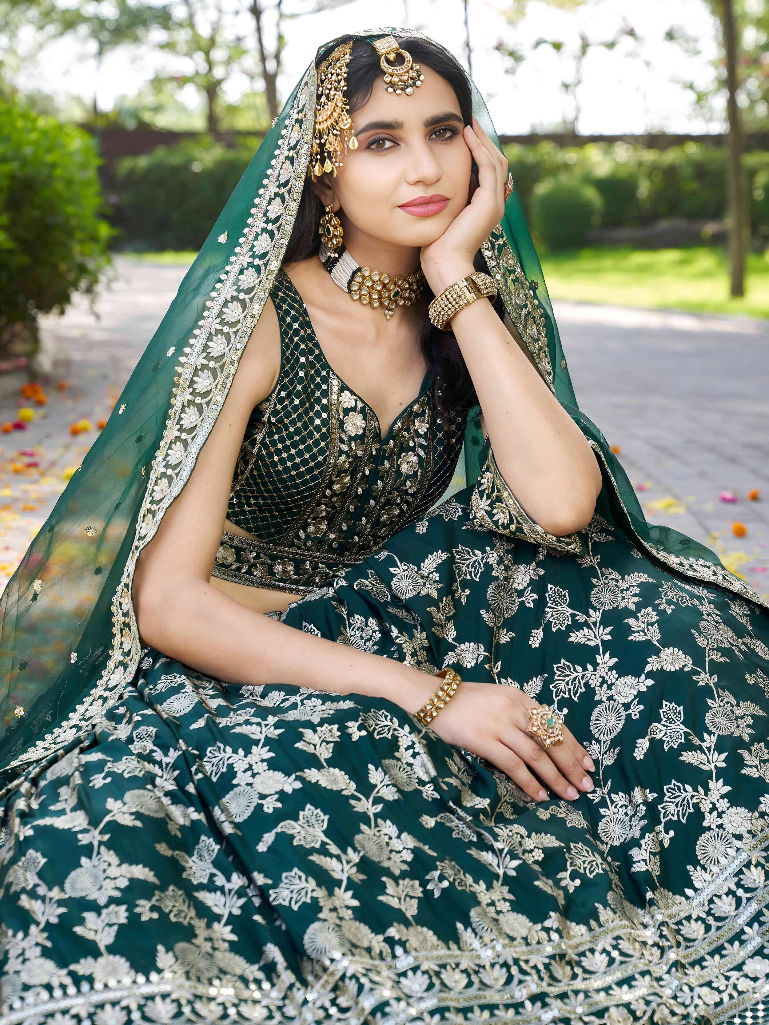 Emerald green Dola silk jacquard embroidered lehenga choli with dupatta