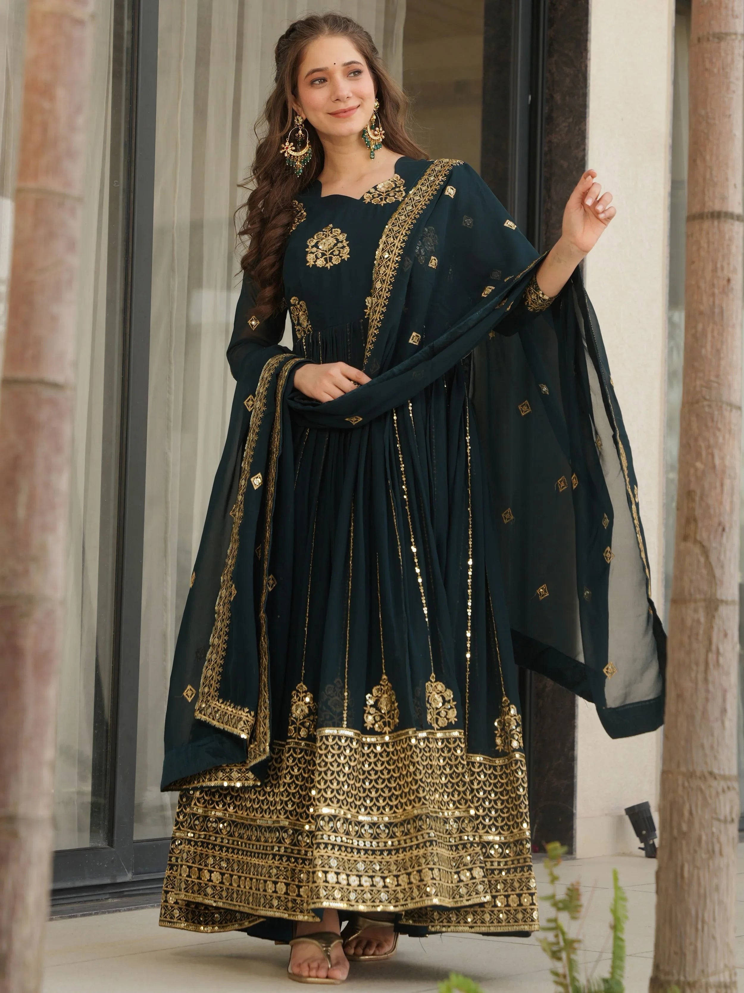 Emerald Green Georgette Zari and Sequins Embroidered Gown with Dupatta
