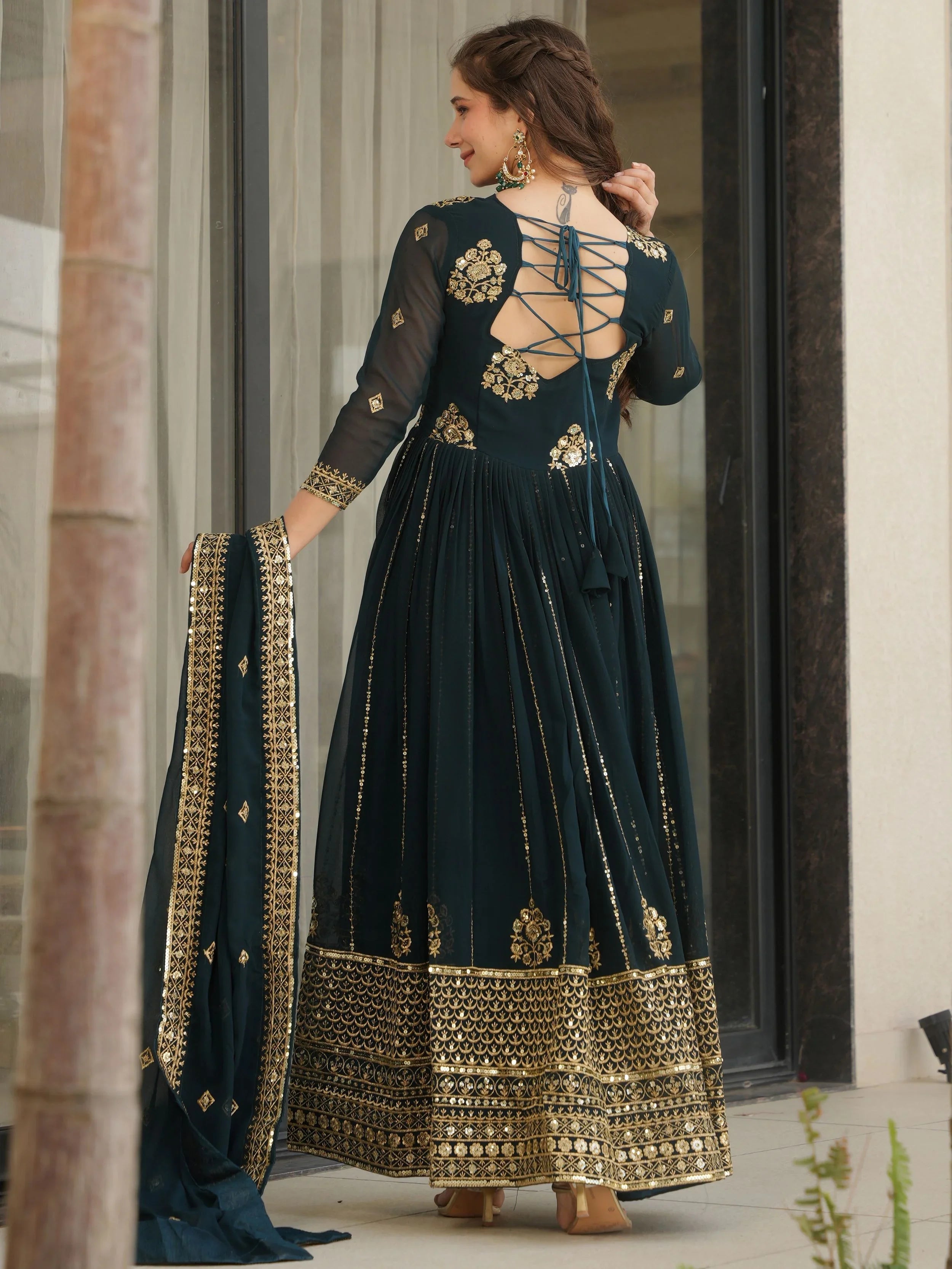 Emerald Green Georgette Zari and Sequins Embroidered Gown with Dupatta