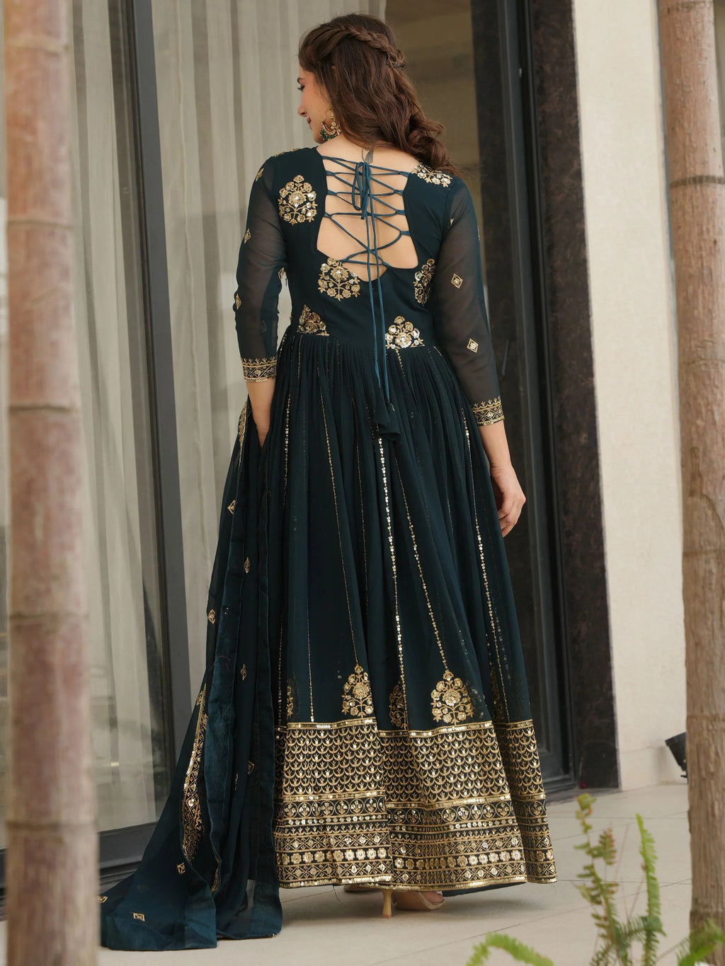 Emerald Green Georgette Zari and Sequins Embroidered Gown with Dupatta