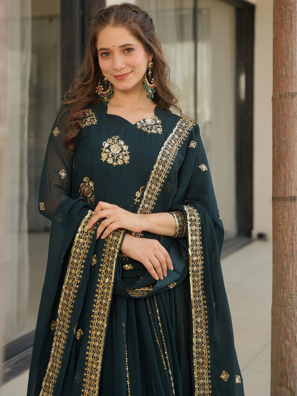 Emerald Green Georgette Zari and Sequins Embroidered Gown with Dupatta