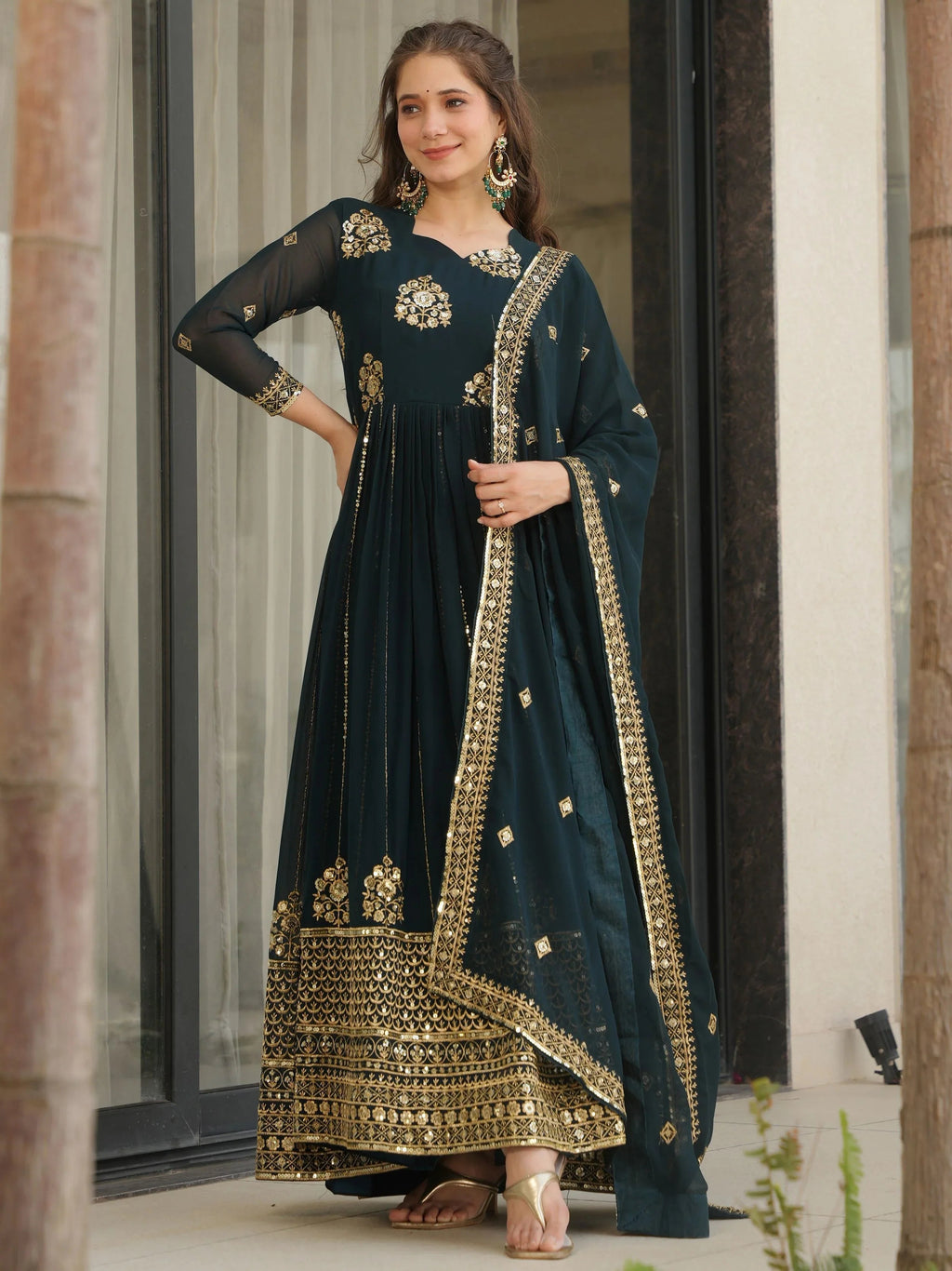 Emerald Green Georgette Zari and Sequins Embroidered Gown with Dupatta