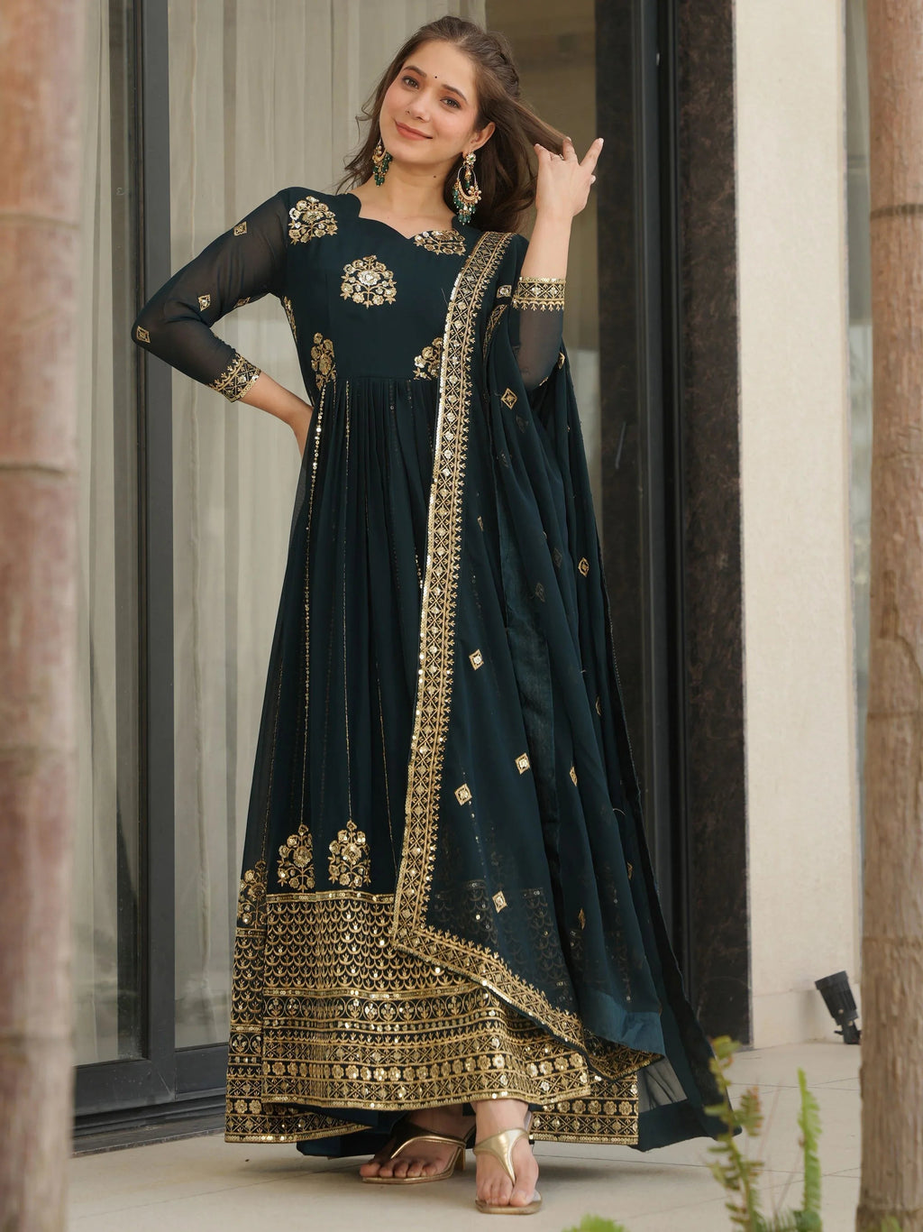 Emerald Green Georgette Zari and Sequins Embroidered Gown with Dupatta
