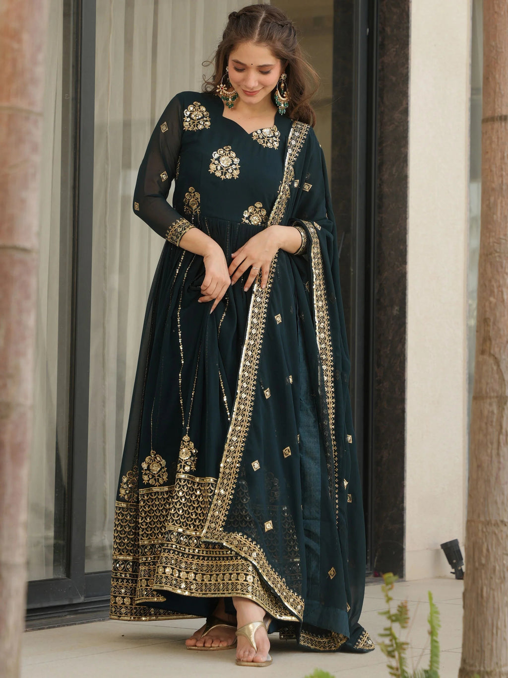 Emerald Green Georgette Zari and Sequins Embroidered Gown with Dupatta