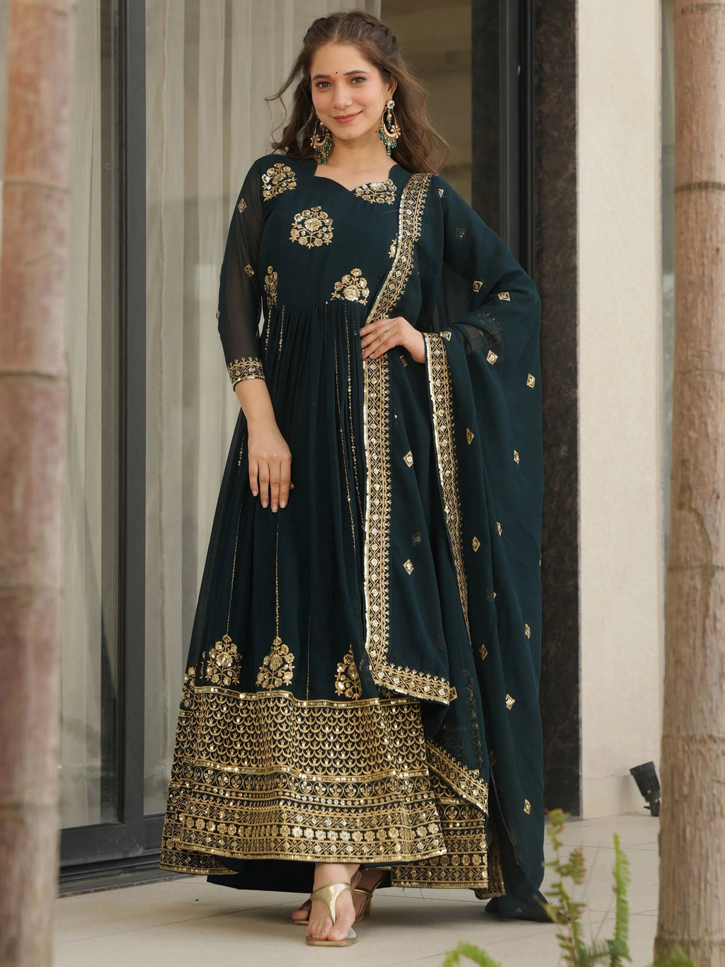 Emerald Green Georgette Zari and Sequins Embroidered Gown with Dupatta
