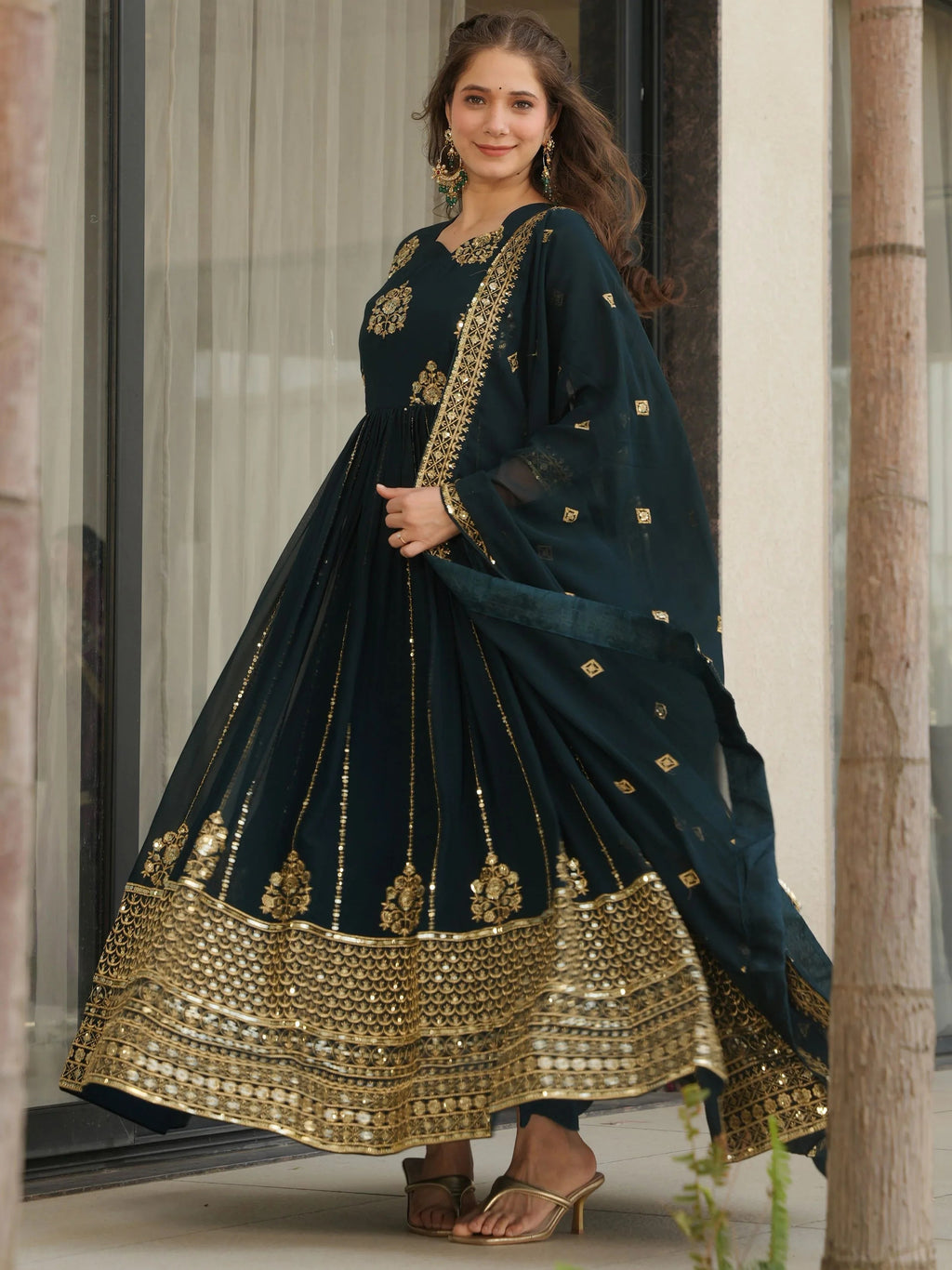 Emerald Green Georgette Zari and Sequins Embroidered Gown with Dupatta