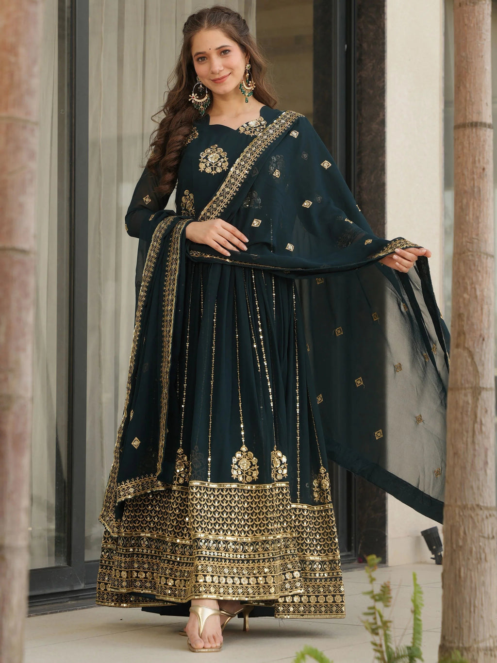 Emerald Green Georgette Zari and Sequins Embroidered Gown with Dupatta