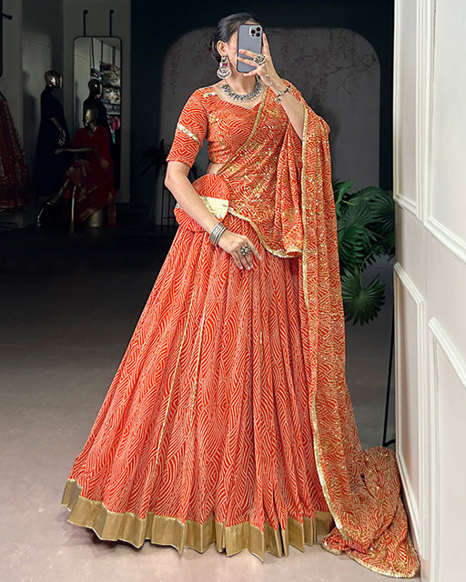 Orange soft georgette Bandhej print lehenga choli with dupatta