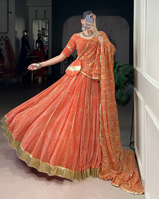 Orange soft georgette Bandhej print lehenga choli with dupatta