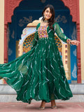 Green Bandhani Print Georgette Kutchi Patchwork Navratri Gown