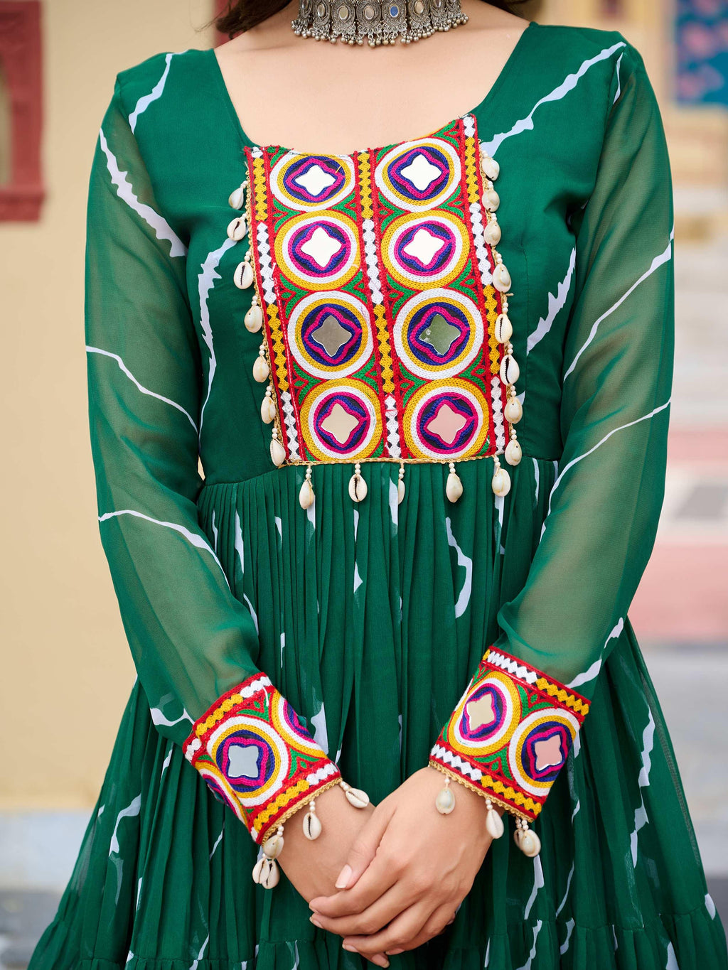 Green Bandhani Print Georgette Kutchi Patchwork Navratri Gown