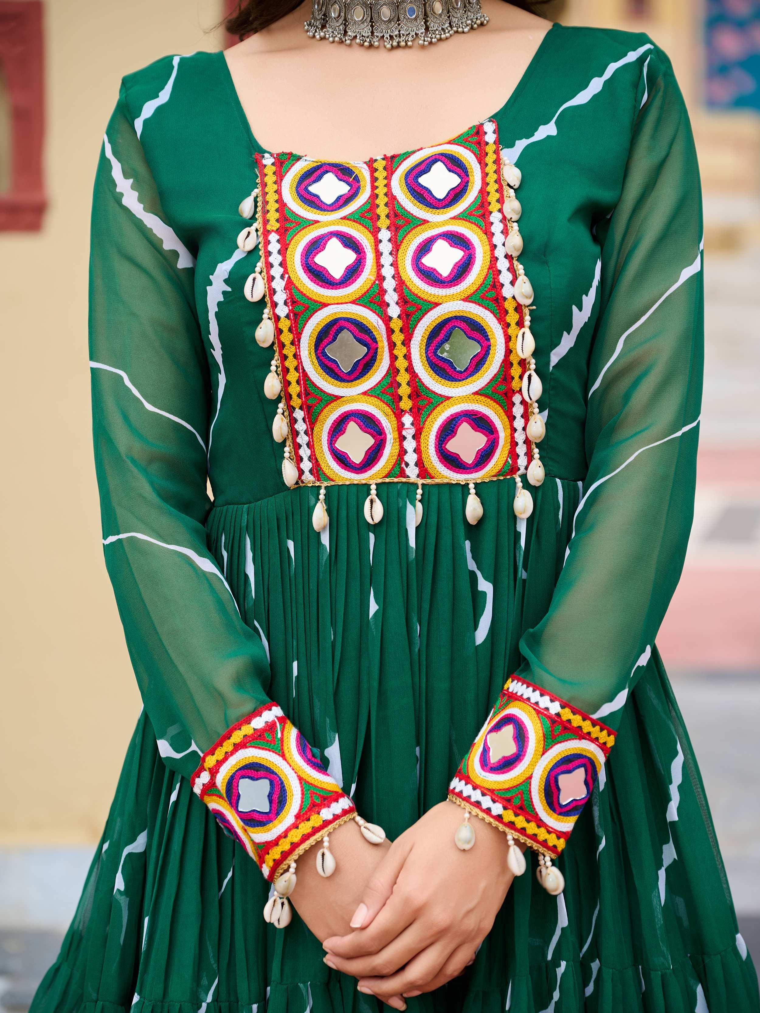 Green Bandhani Print Georgette Kutchi Patchwork Navratri Gown