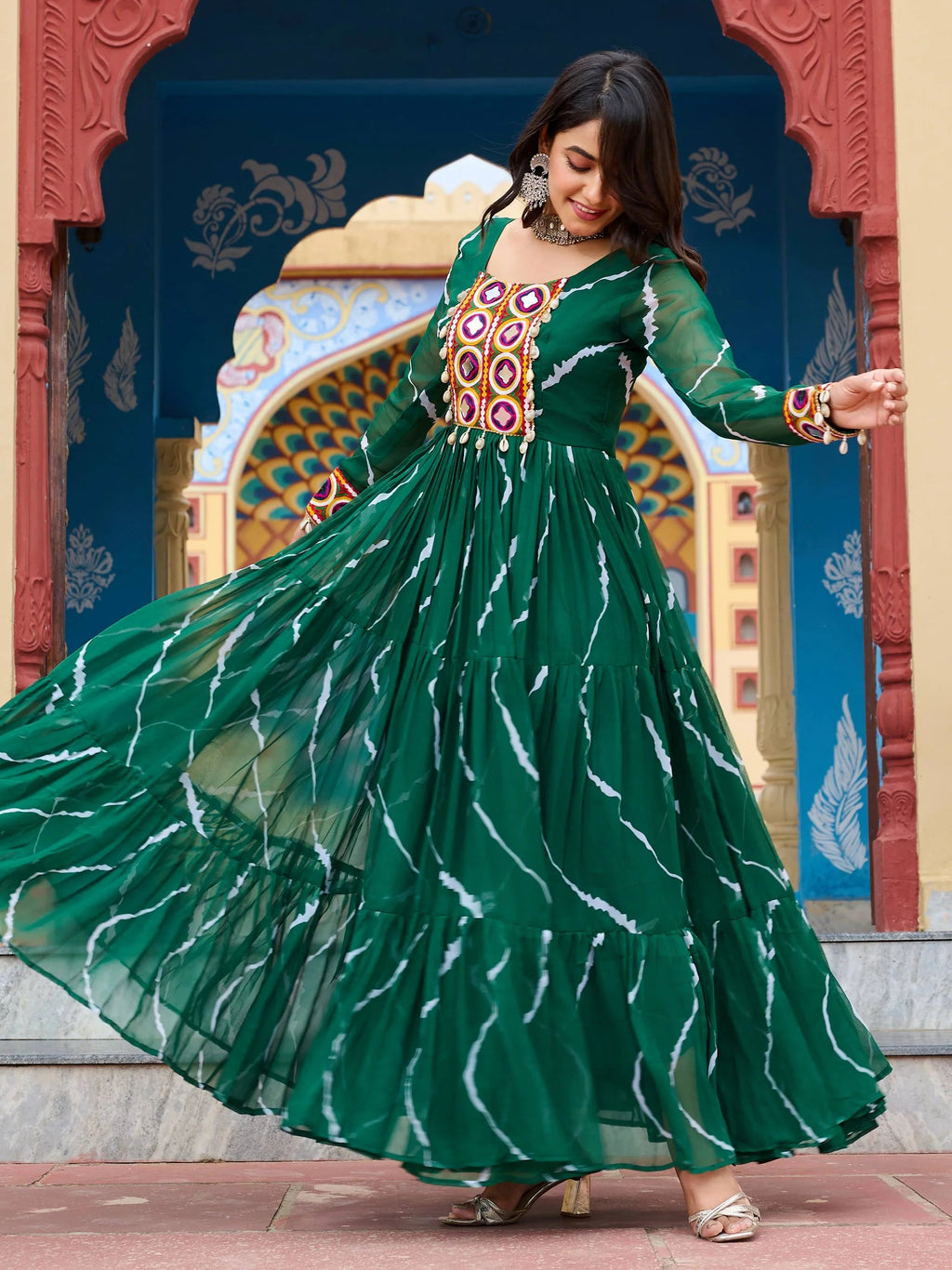 Green Bandhani Print Georgette Kutchi Patchwork Navratri Gown