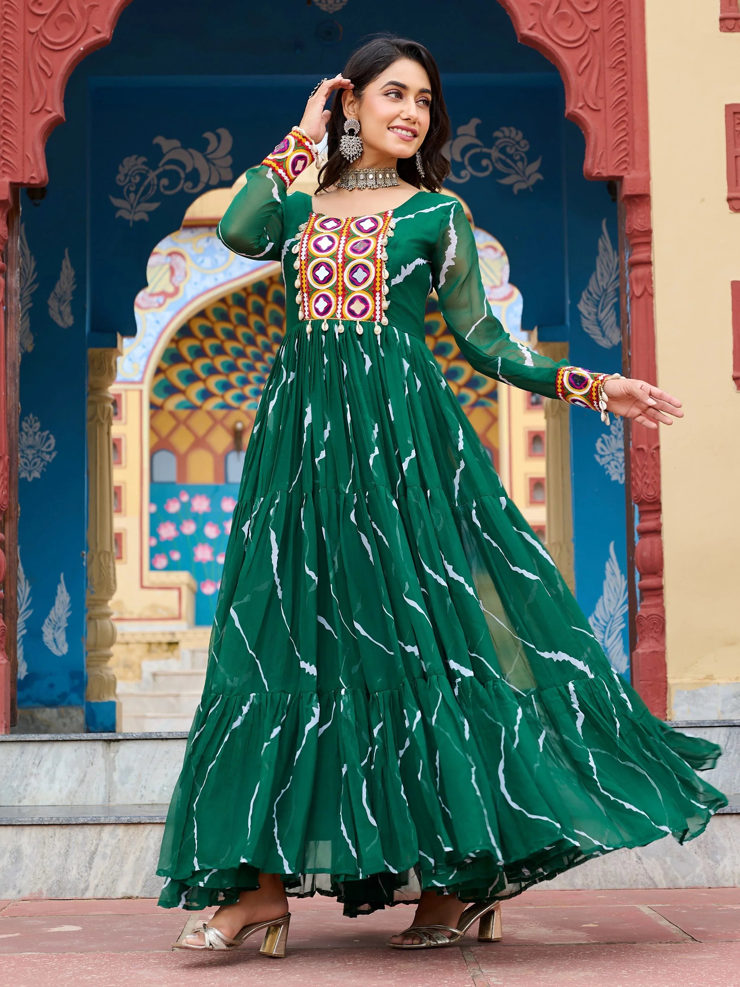 Green Bandhani Print Georgette Kutchi Patchwork Navratri Gown