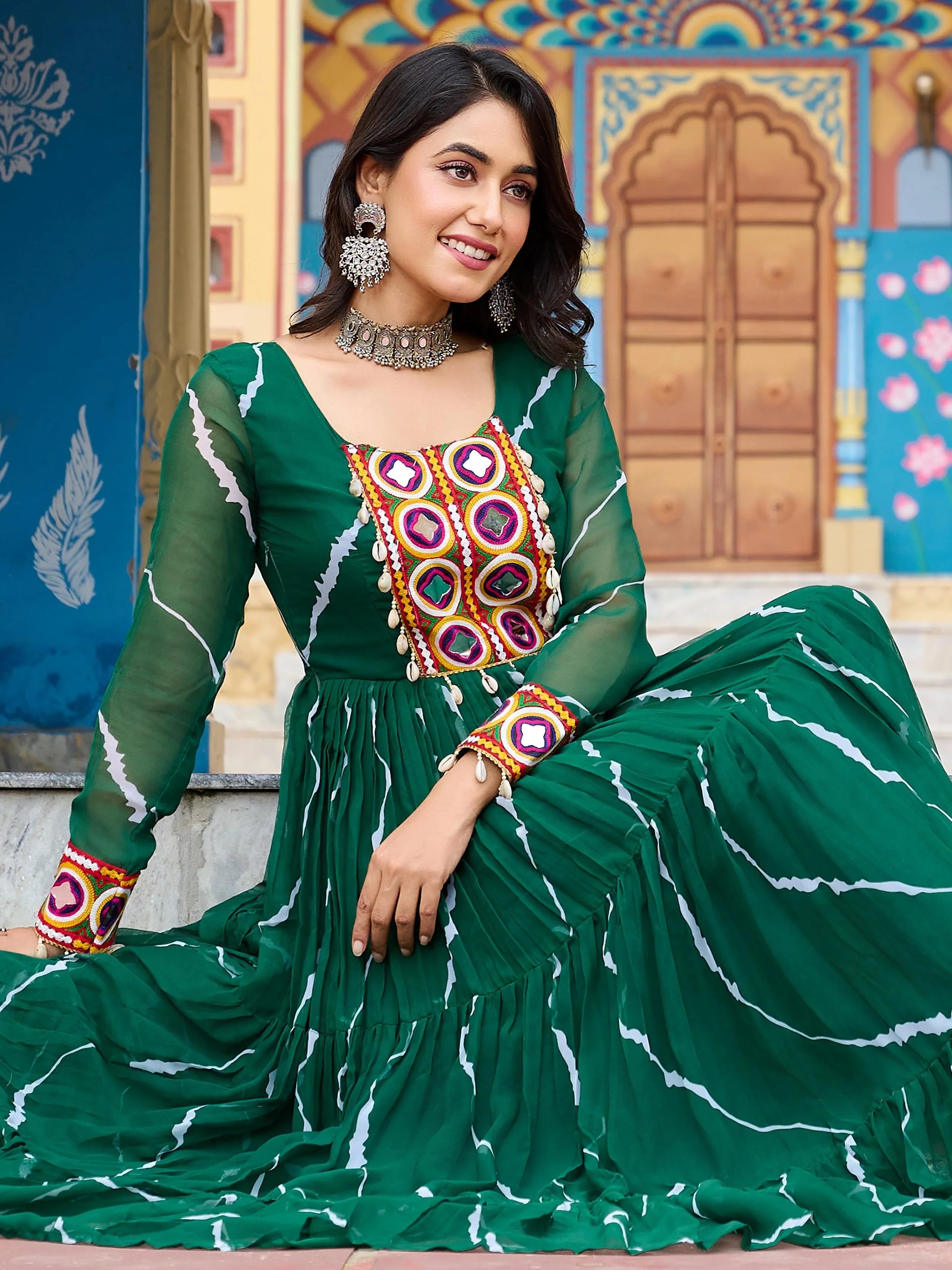 Green Bandhani Print Georgette Kutchi Patchwork Navratri Gown