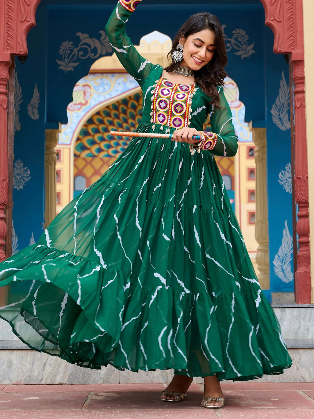 Green Bandhani Print Georgette Kutchi Patchwork Navratri Gown