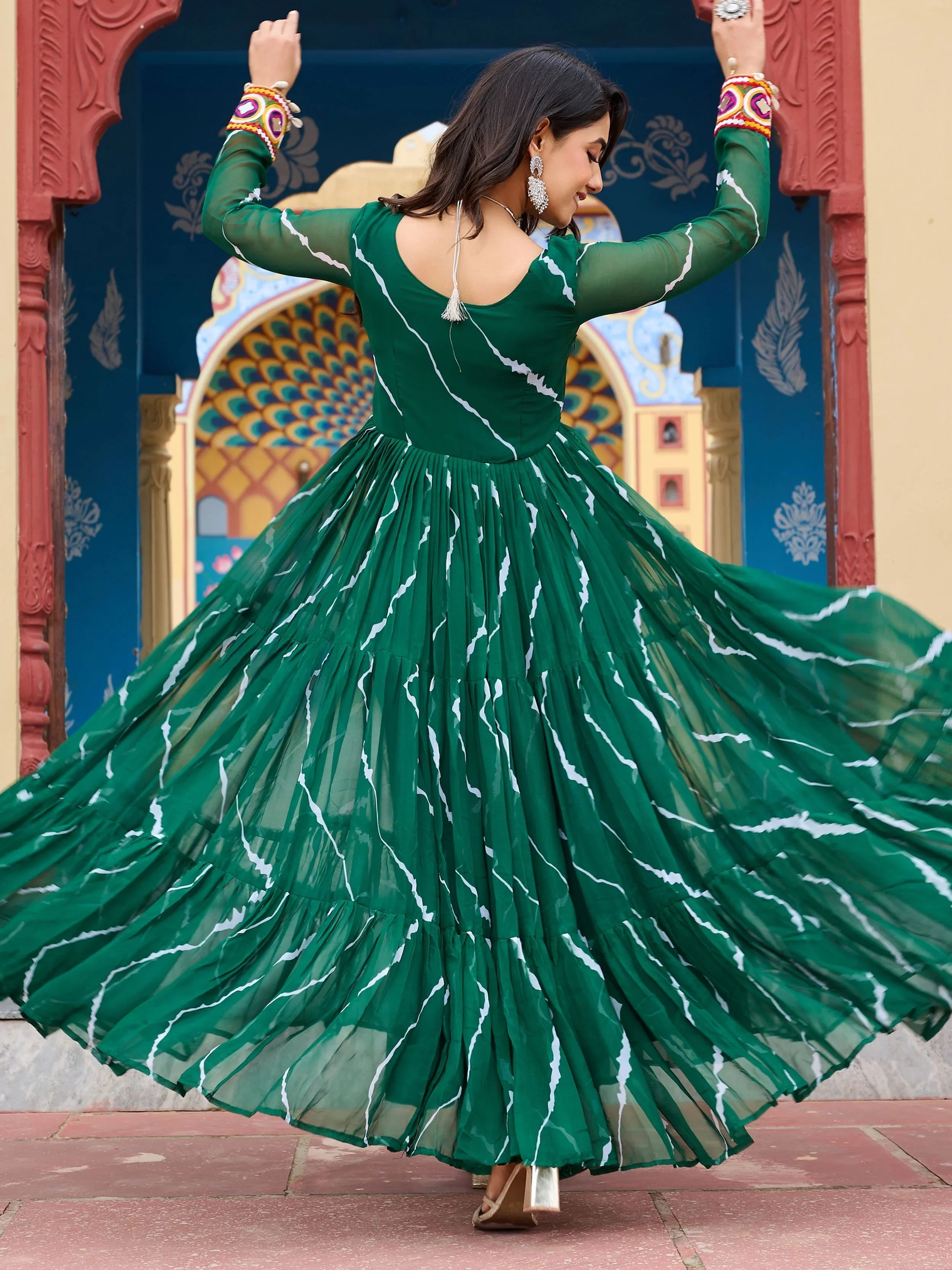 Green Bandhani Print Georgette Kutchi Patchwork Navratri Gown