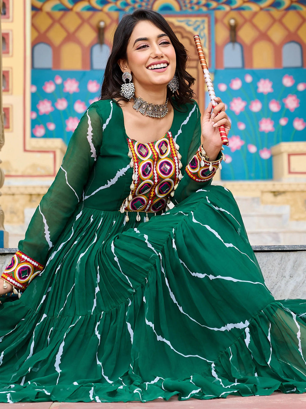 Green Bandhani Print Georgette Kutchi Patchwork Navratri Gown
