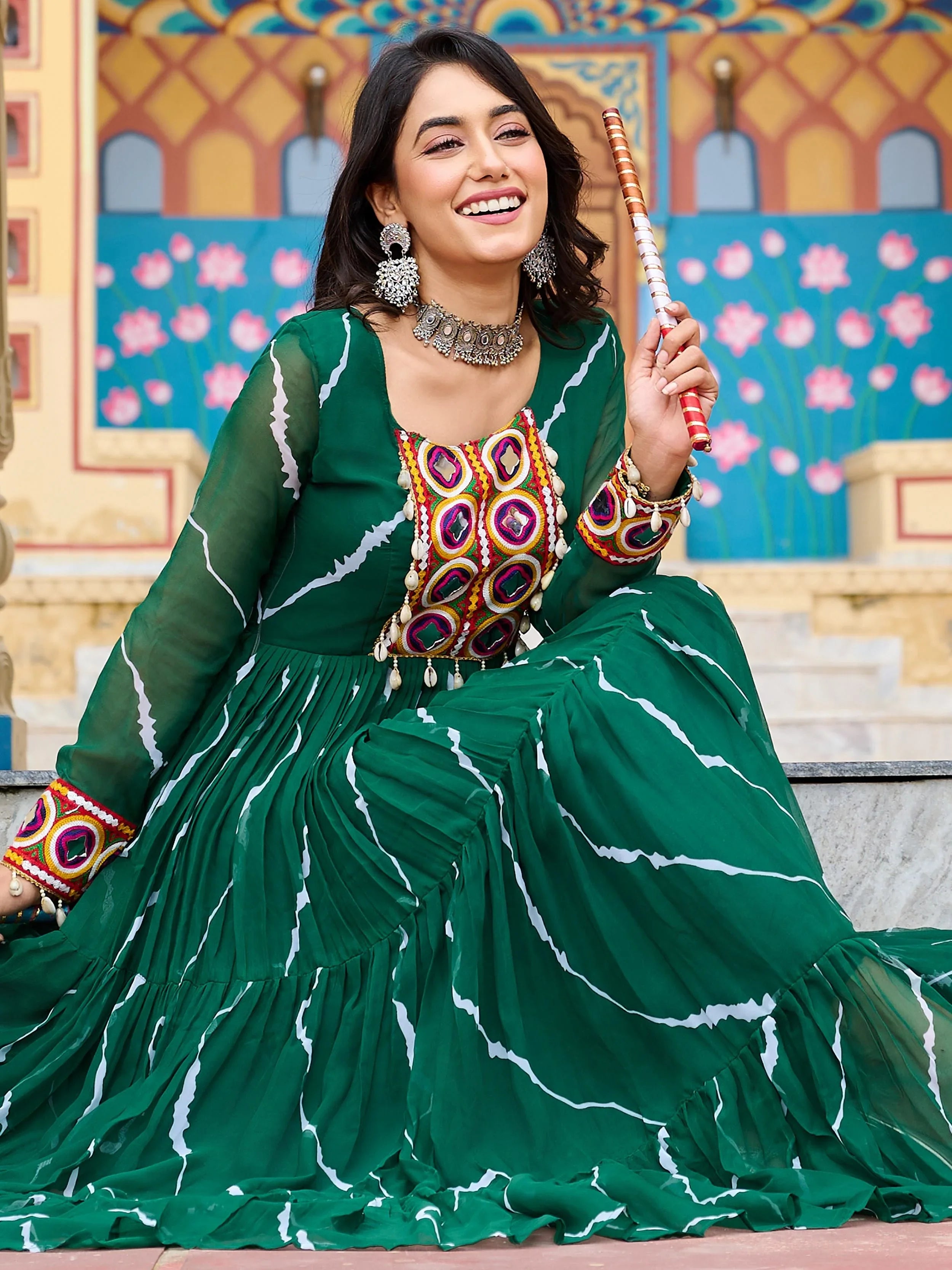Green Bandhani Print Georgette Kutchi Patchwork Navratri Gown