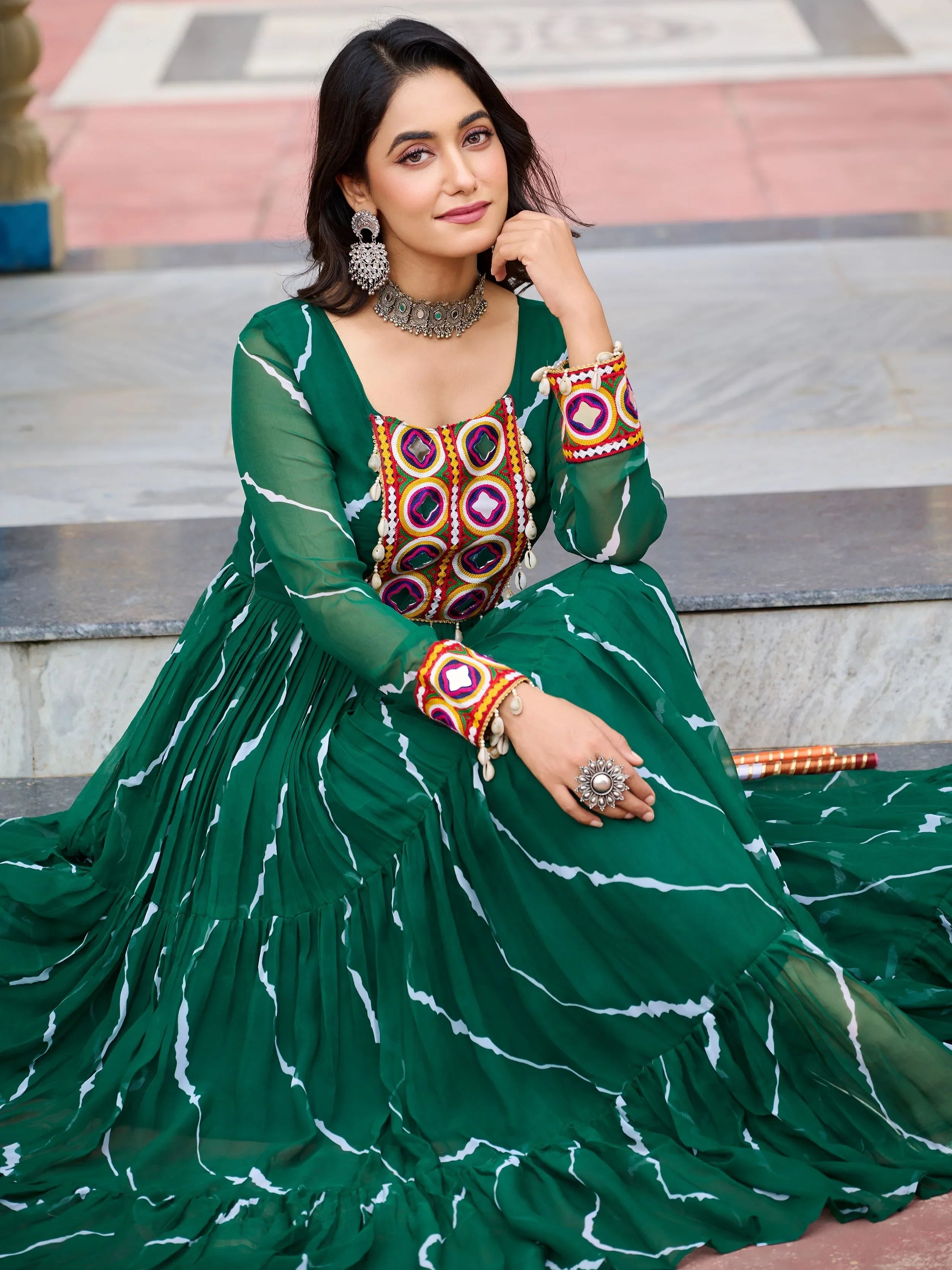 Green Bandhani Print Georgette Kutchi Patchwork Navratri Gown