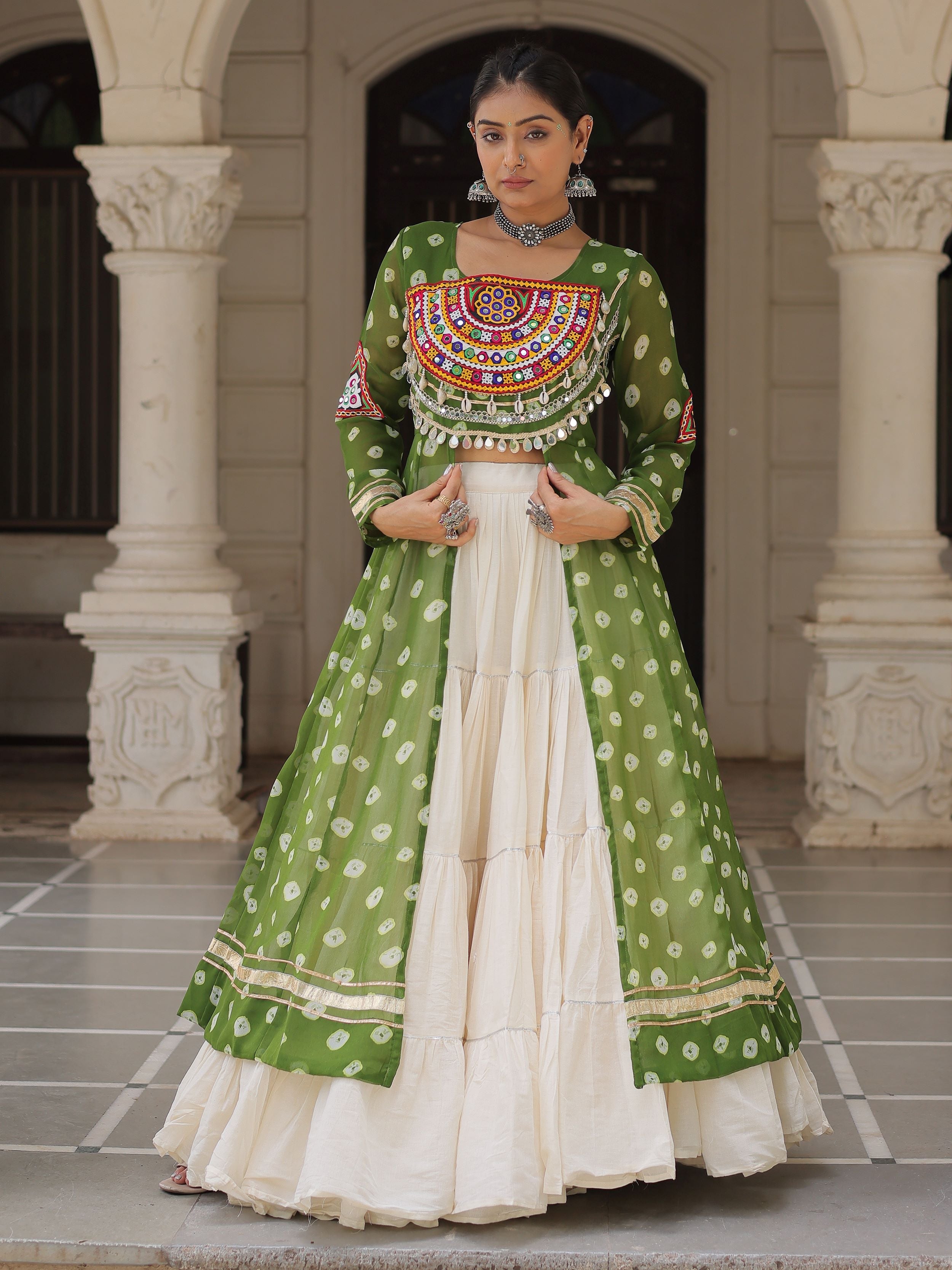 Green bandhani print kurti with kutchi patchwork kora cotton lehenga