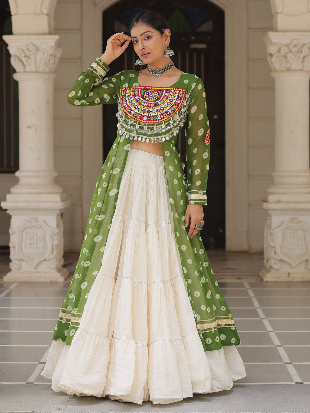 Green bandhani print kurti with kutchi patchwork kora cotton lehenga