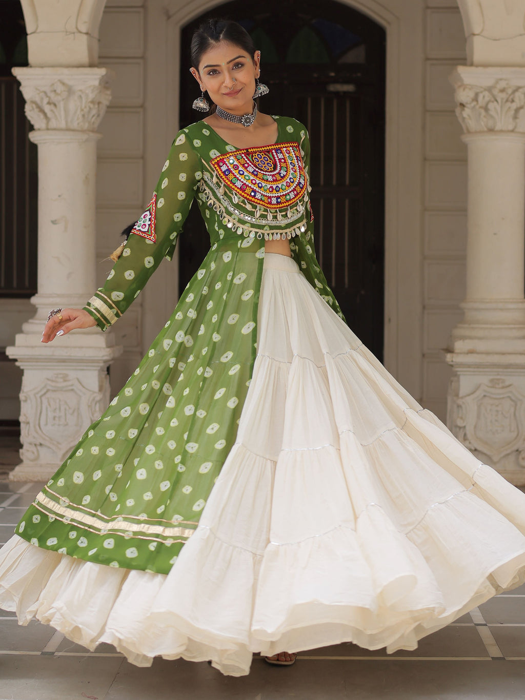 Green bandhani print kurti with kutchi patchwork kora cotton lehenga