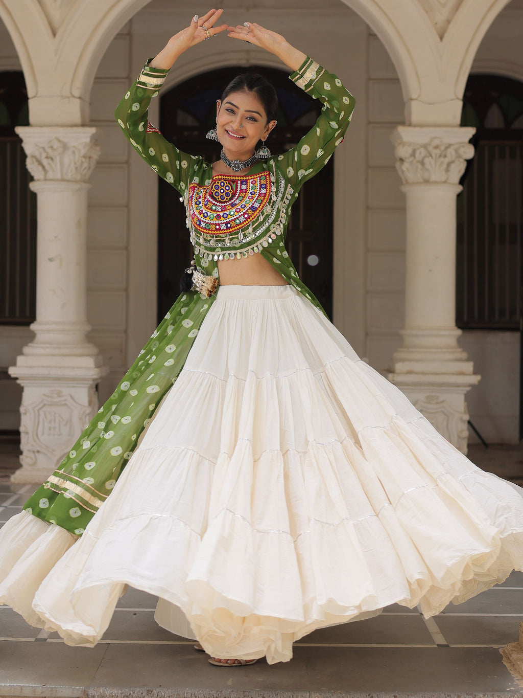 Green bandhani print kurti with kutchi patchwork kora cotton lehenga